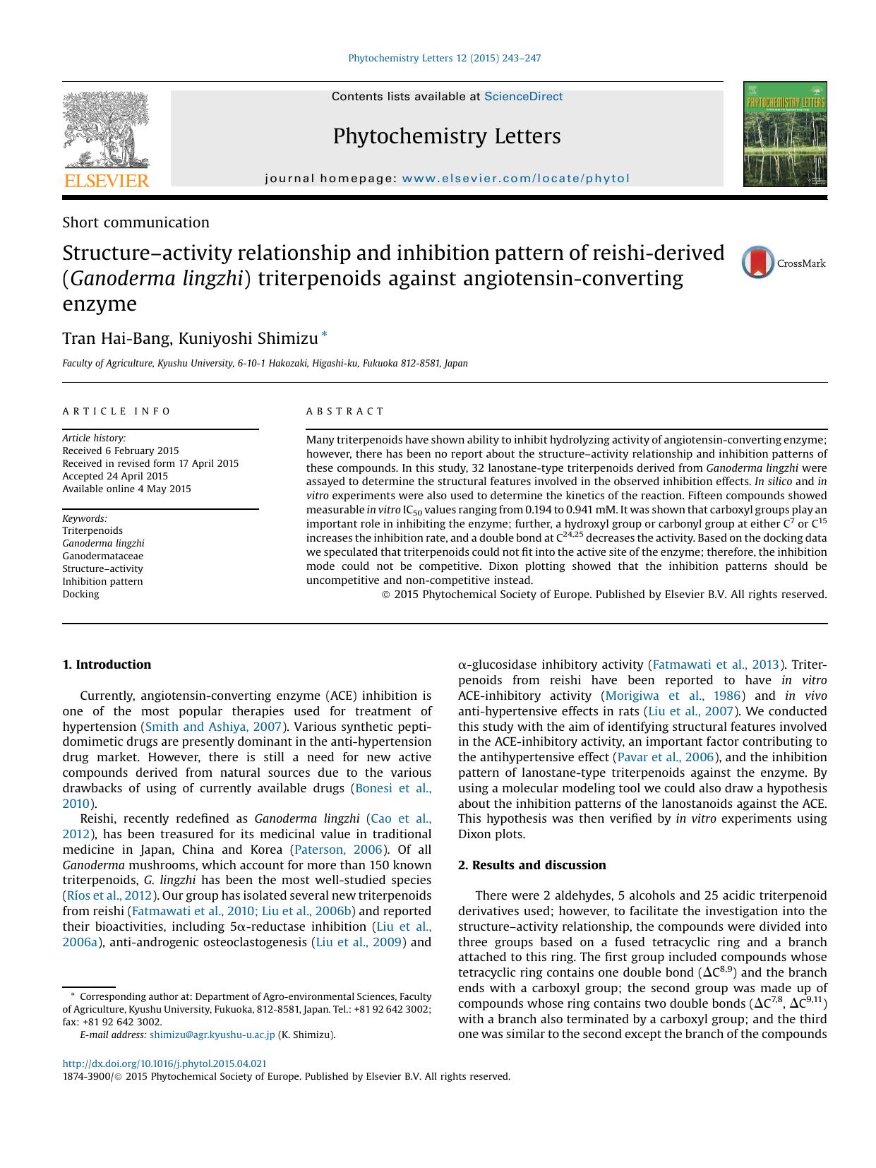 Structureâactivity relationship and inhibition pattern of reishi-derived (Ganoderma lingzhi) triterpenoids against angiotensin-converting enzyme by Tran Hai-Bang & Kuniyoshi Shimizu