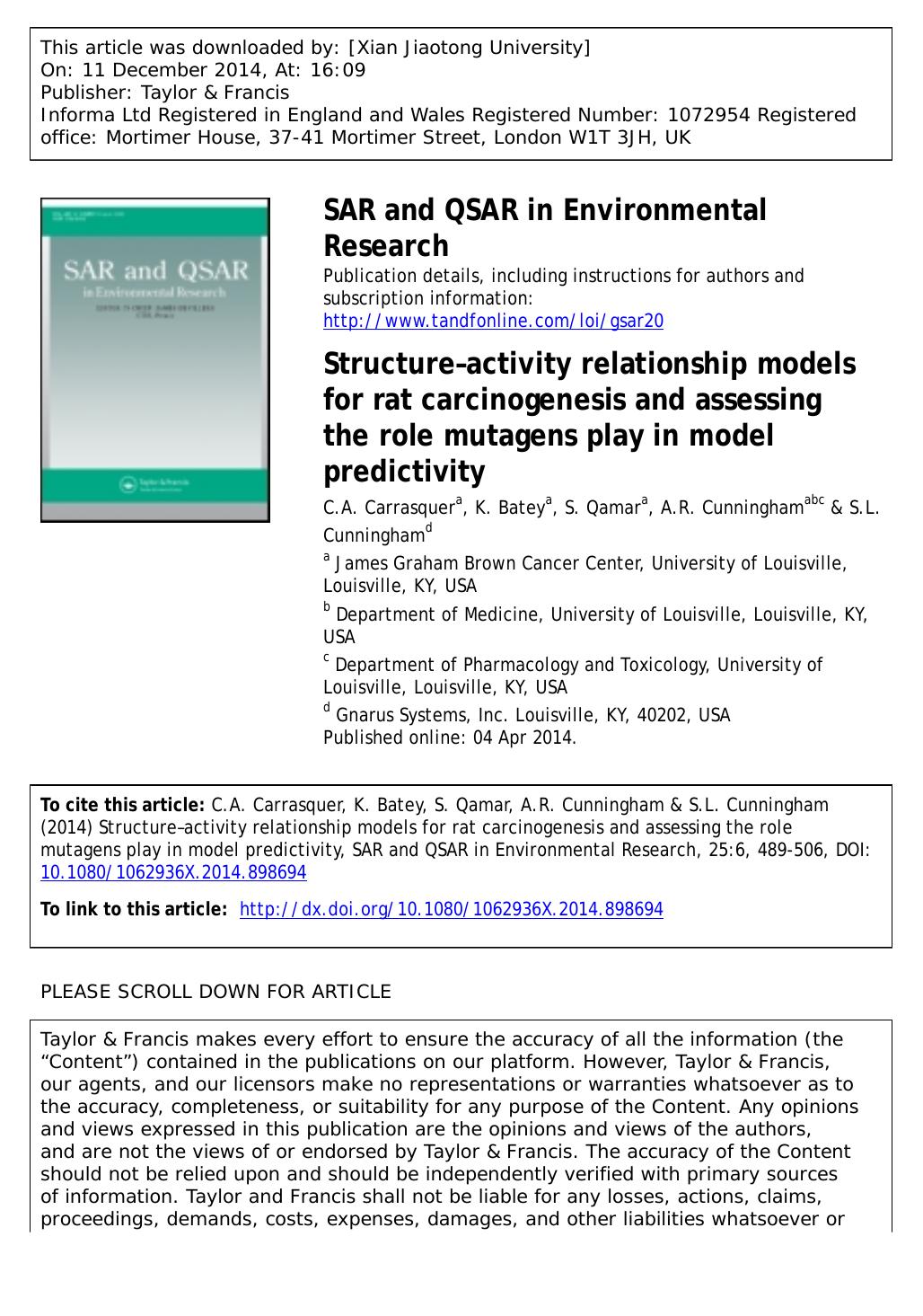 Structureâactivity relationship models for rat carcinogenesis and assessing the role mutagens play in model predictivity by C.A. Carrasquer
