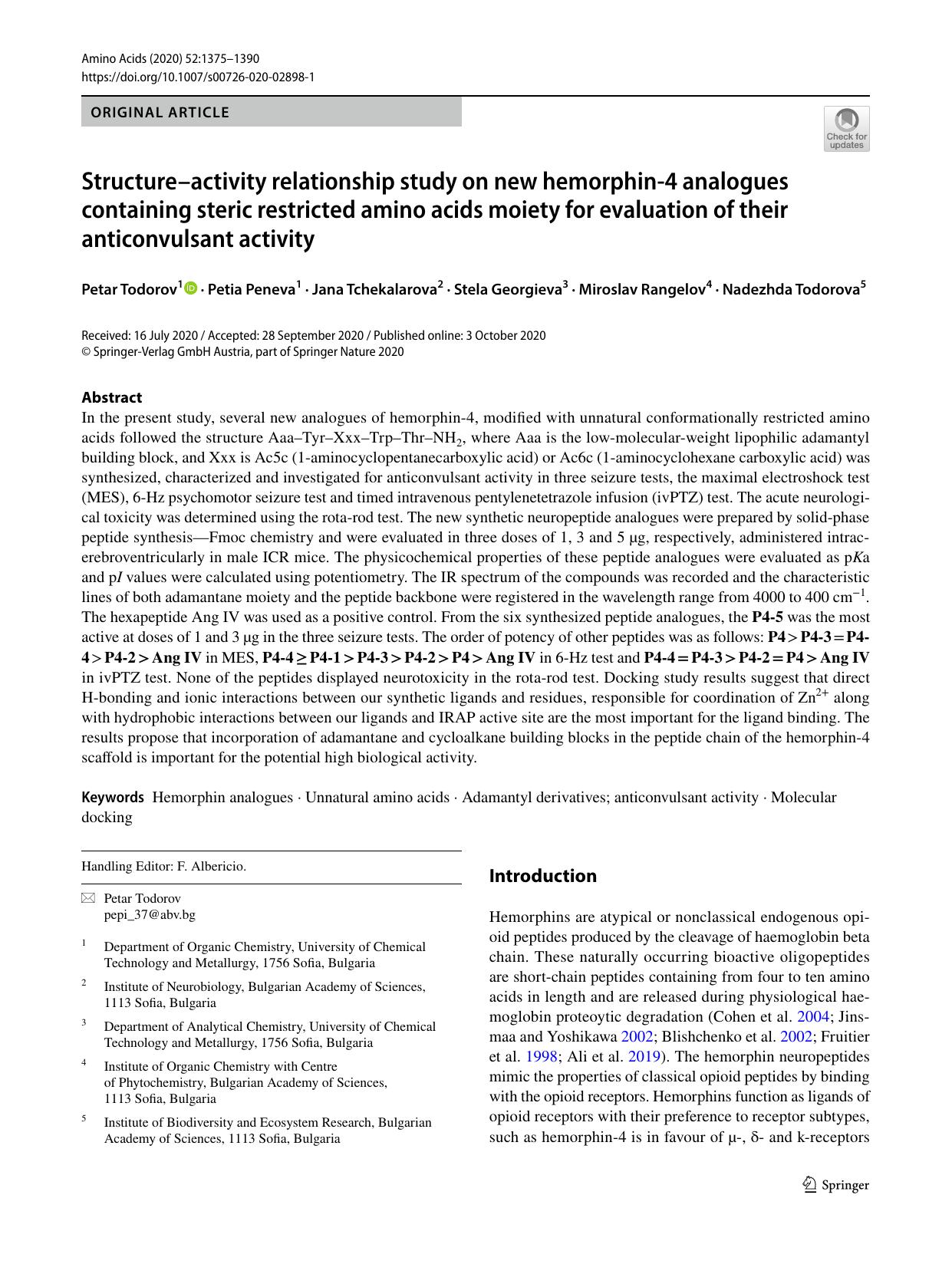 Structureâactivity relationship study on new hemorphin-4 analogues containing steric restricted amino acids moiety for evaluation of their anticonvulsant activity by unknow