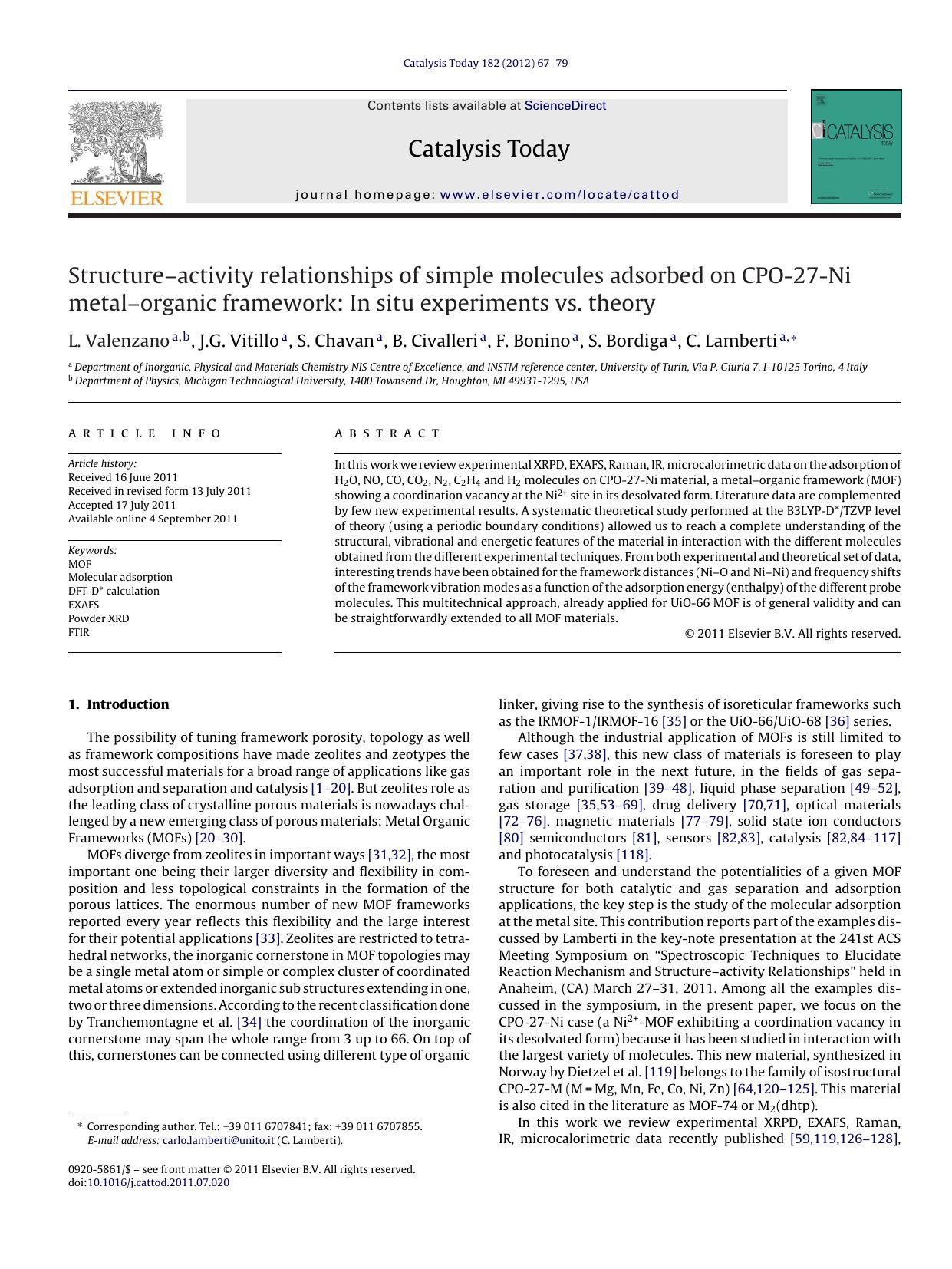 Structureâactivity relationships of simple molecules adsorbed on CPO-27-Ni metalâorganic framework: In situ experiments vs. theory by L. Valenzano