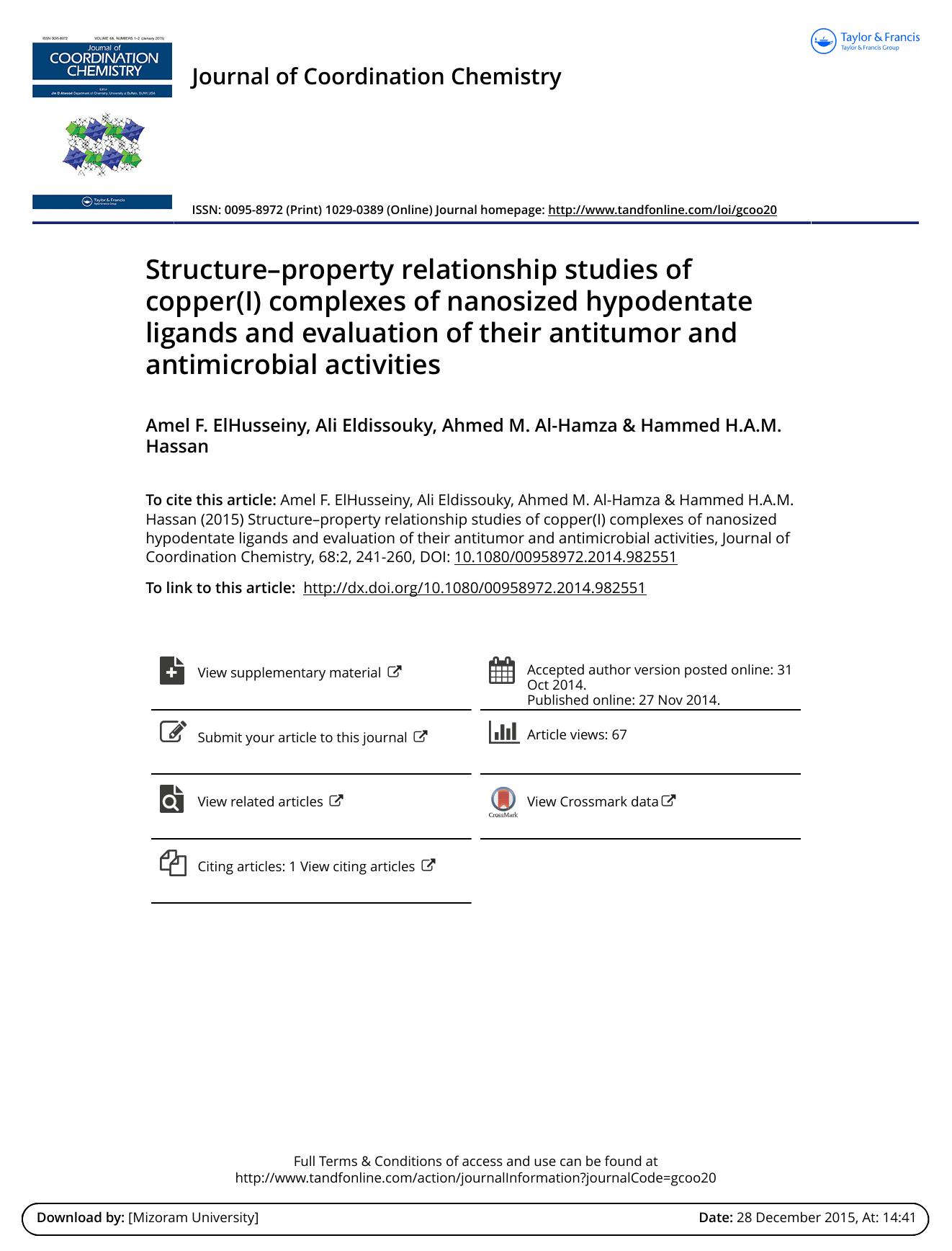 Structureâproperty relationship studies of copper(I) complexes of nanosized hypodentate ligands and evaluation of their antitumor and antimicrobial activities by Amel F. ElHusseiny