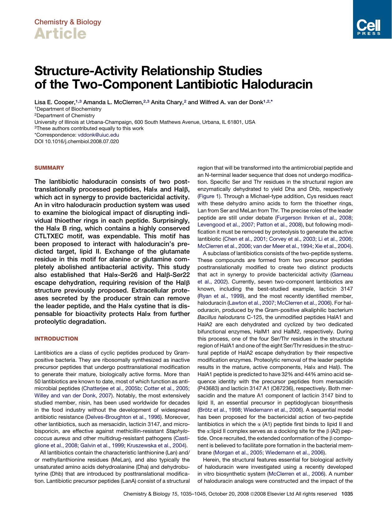 Structure-Activity Relationship Studies of the Two-Component Lantibiotic Haloduracin by Lisa E. Cooper; Amanda L. McClerren; Anita Chary; Wilfred A. van der Donk