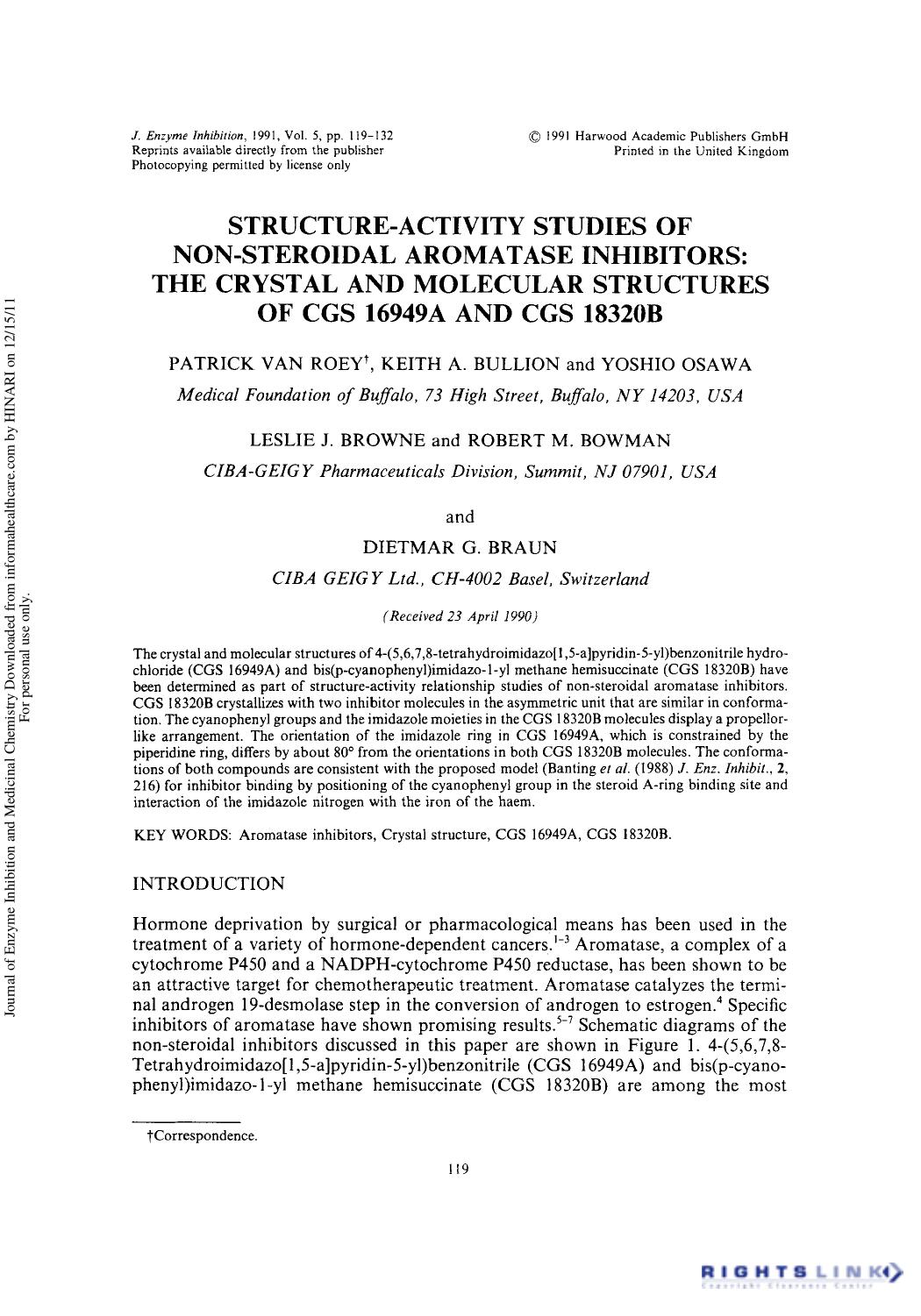 Structure-Activity Studies of Non-Steroidal Aromatase Inhibitors: The Crystal and Molecular Structures of CGS 16949A and CGS 18320B by unknow
