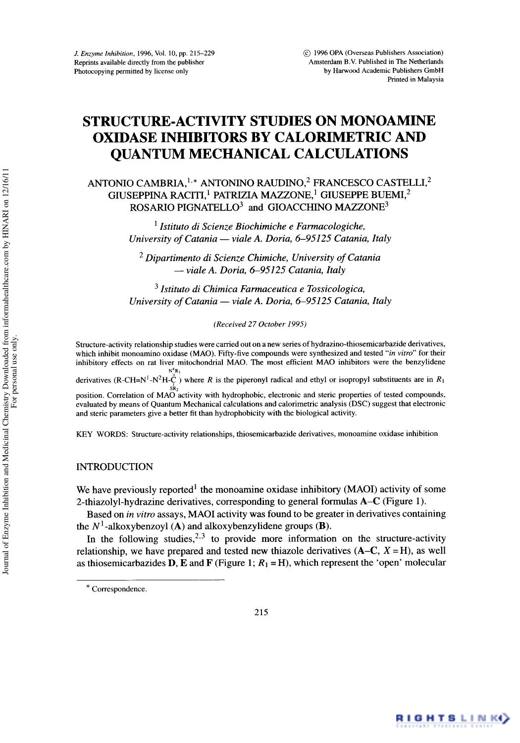 Structure-Activity Studies on Monoamine Oxidase Inhibitors by Calorimetric and Quantum Mechanical Calculations by unknow