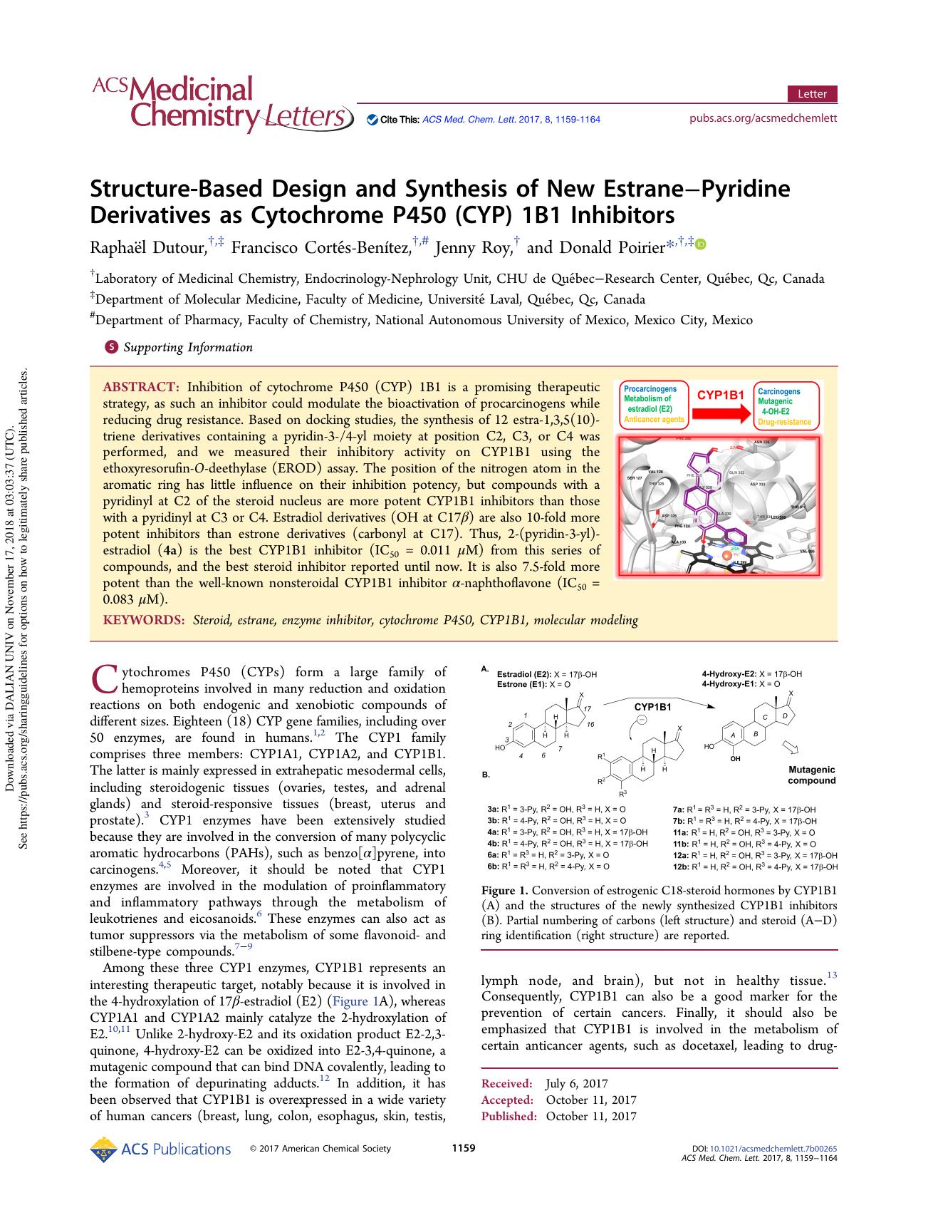 Structure-Based Design and Synthesis of New EstraneâPyridine Derivatives as Cytochrome P450 (CYP) 1B1 Inhibitors by Raphaël Dutour Francisco Cortés-Benítez Jenny Roy & Donald Poirier