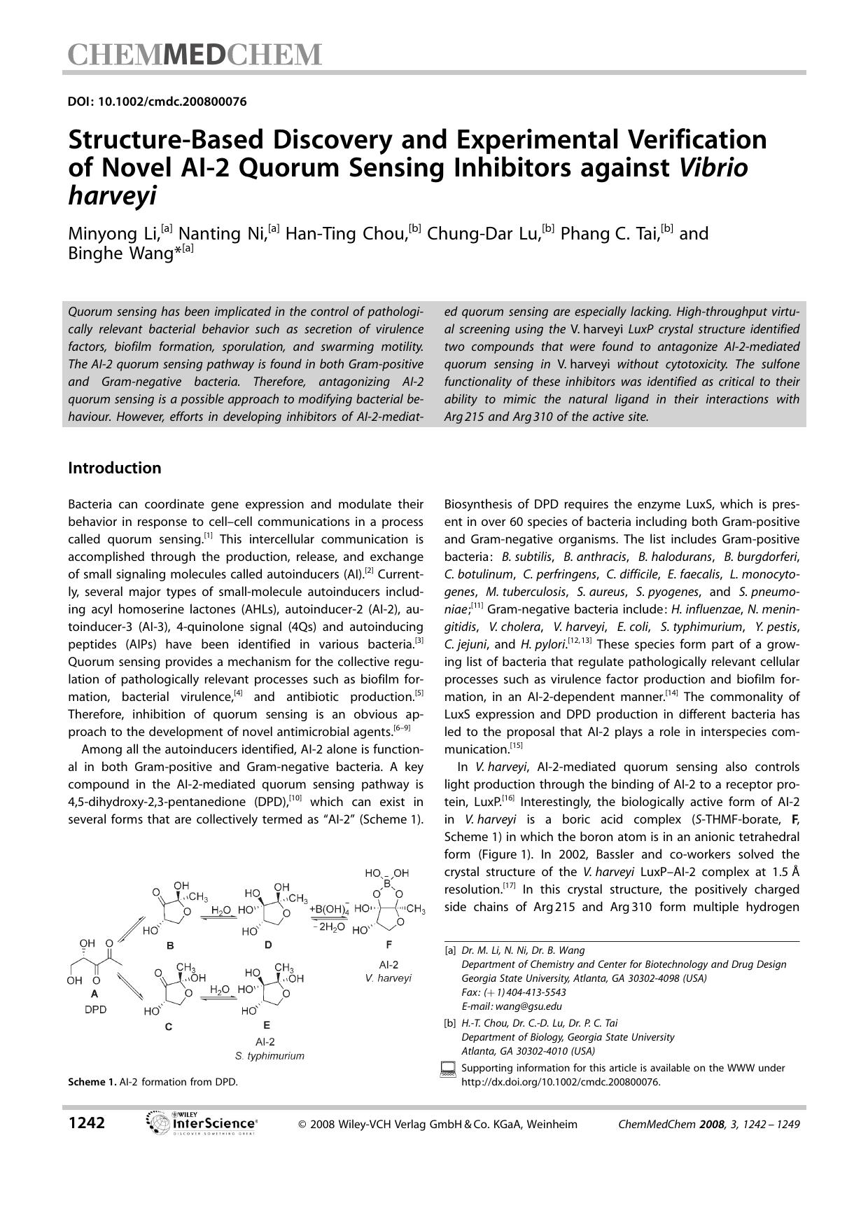 Structure-Based Discovery and Experimental Verification of Novel AI-2 Quorum Sensing Inhibitors against Vibrio harveyi by Unknown