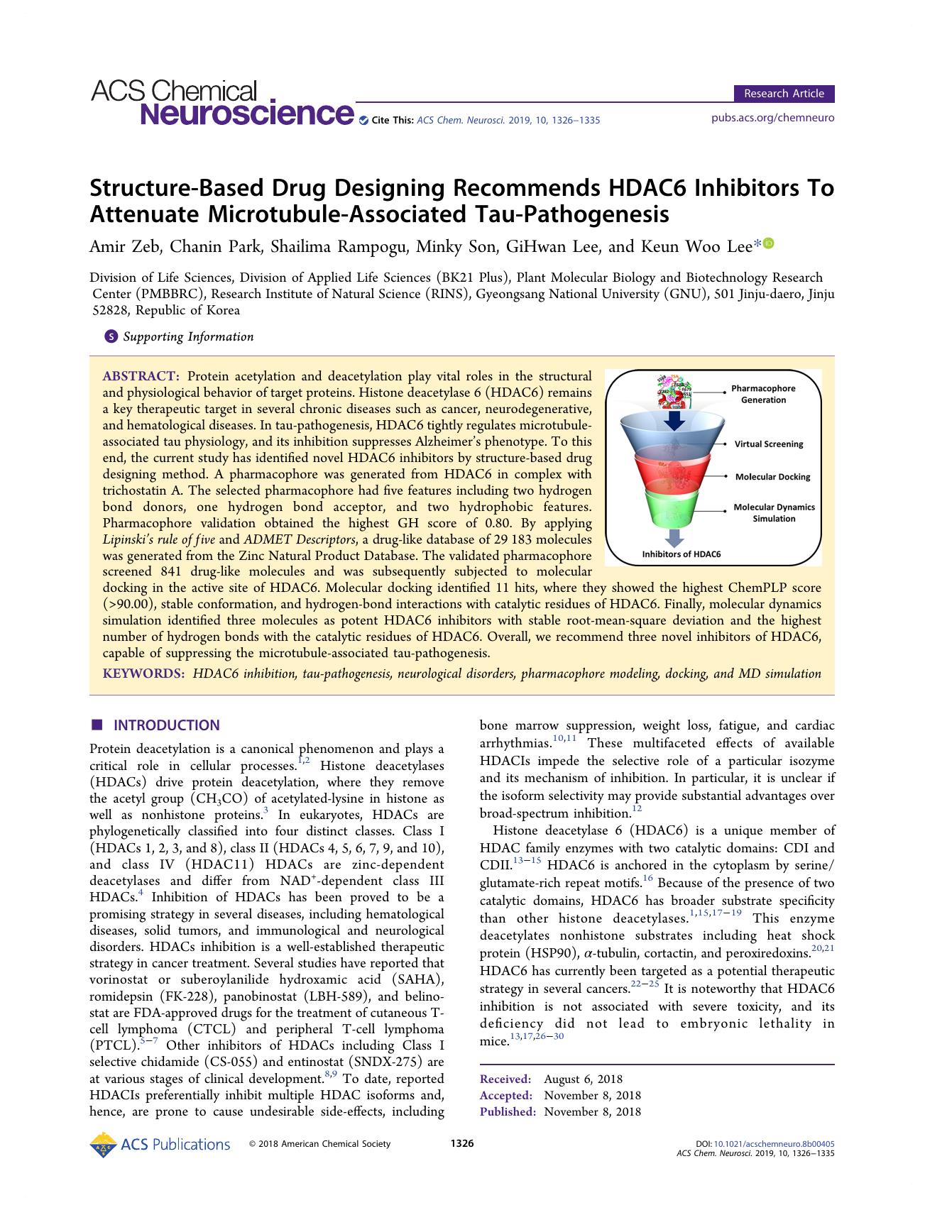 Structure-Based Drug Designing Recommends HDAC6 Inhibitors To Attenuate Microtubule-Associated Tau-Pathogenesis by Amir Zeb Chanin Park Shailima Rampogu Minky Son GiHwan Lee and Keun Woo Lee