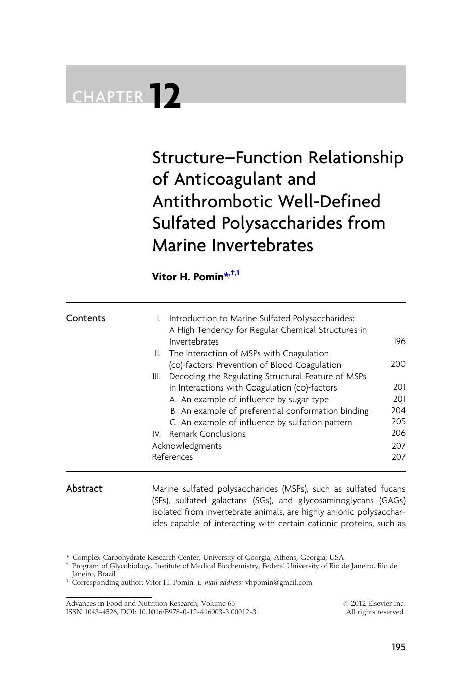 Structure-Function Relationship of Anticoagulant and Antithrombotic Well-Defined Sulfated Polysaccharides from Marine Invertebrates by Vitor H. Pomin