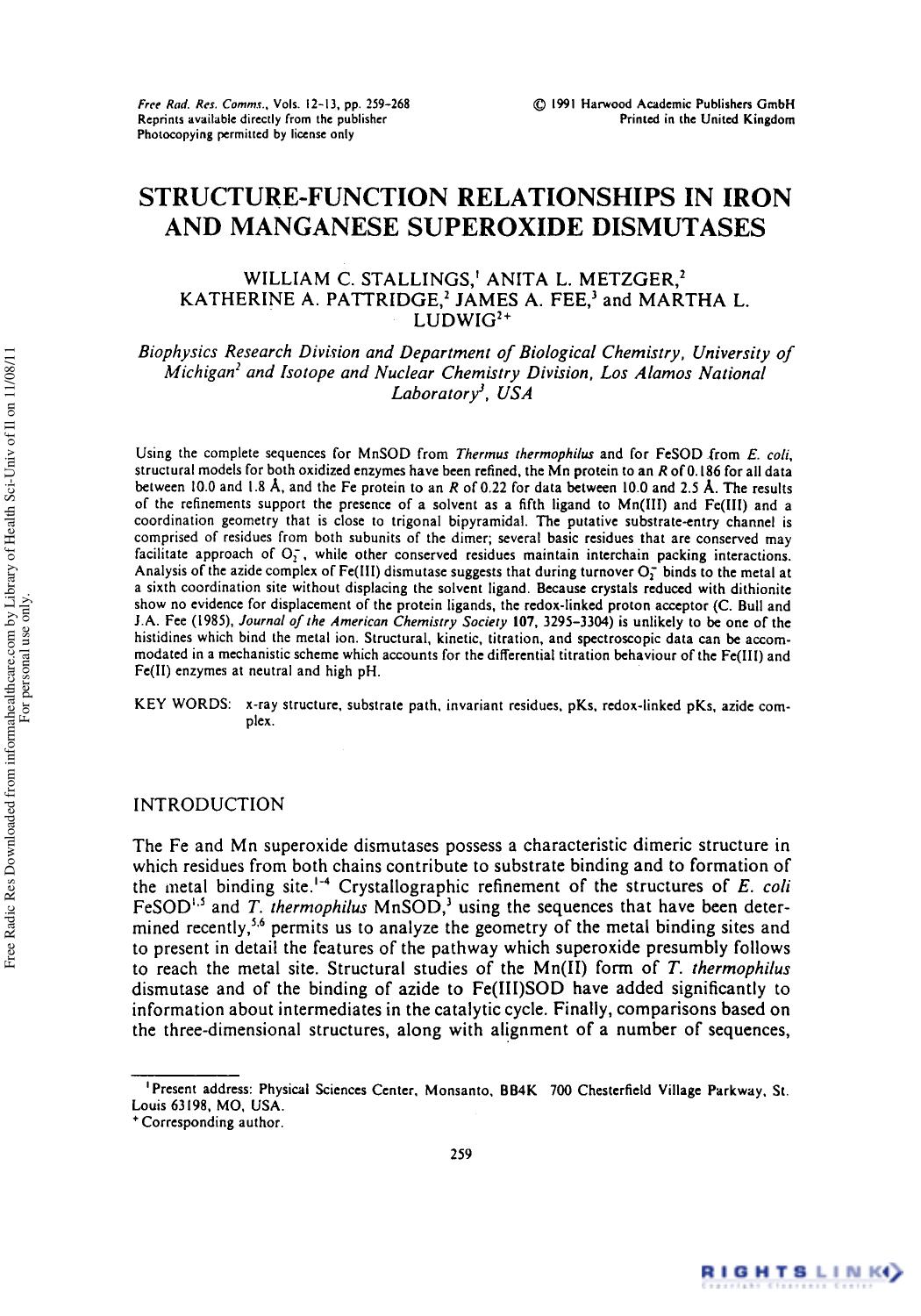 Structure-Function Relationships in Iron and Manganese Superoxide Dismutases by unknow