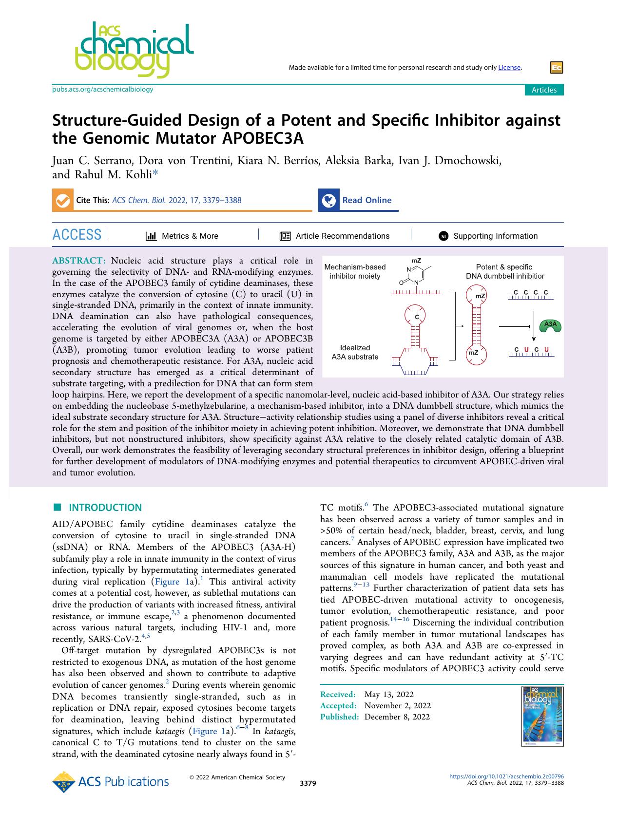 Structure-Guided Design of a Potent and Specific Inhibitor against the Genomic Mutator APOBEC3A by unknow