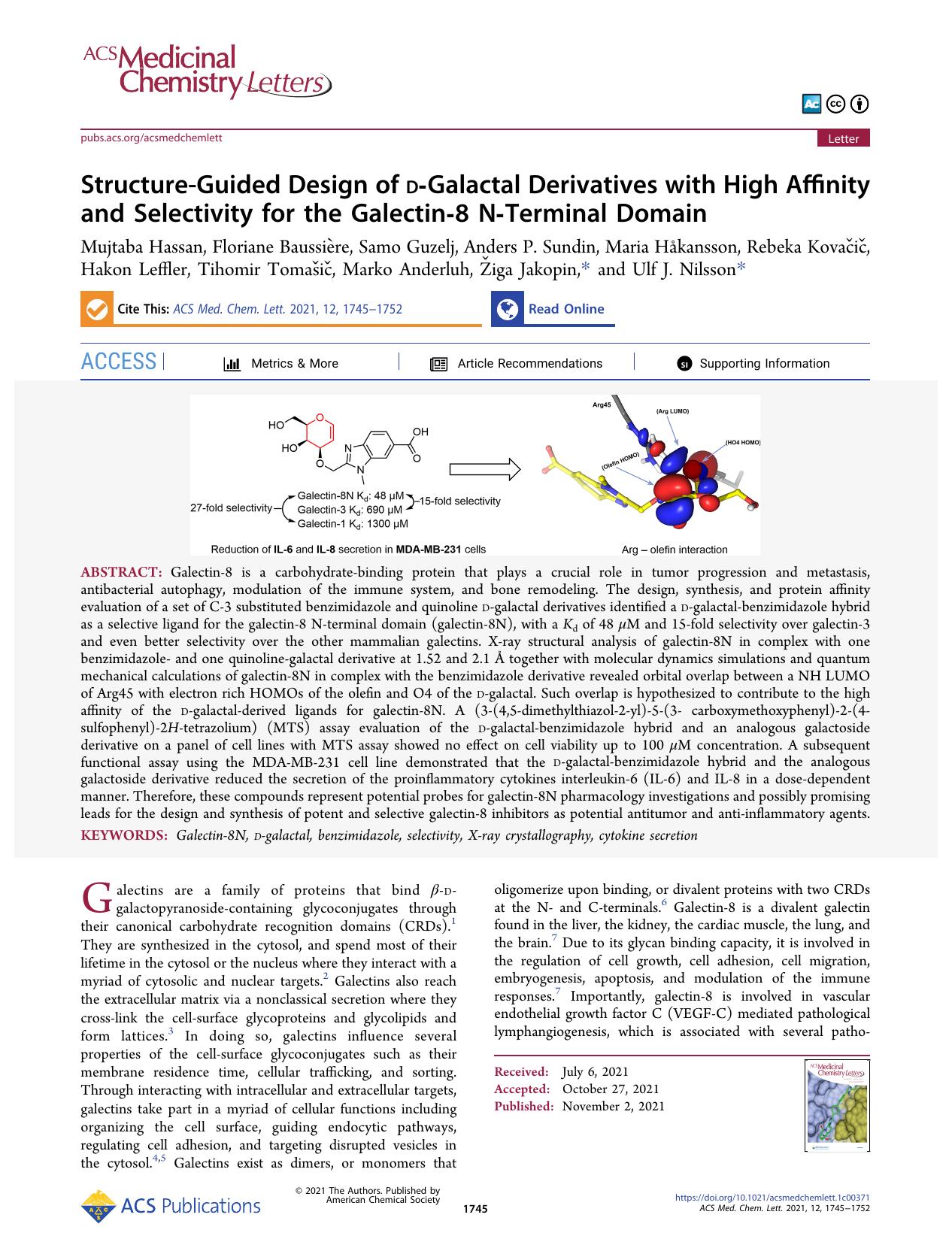 Structure-Guided Design of d-Galactal Derivatives with High Affinity and Selectivity for the Galectin-8 N-Terminal Domain by unknow
