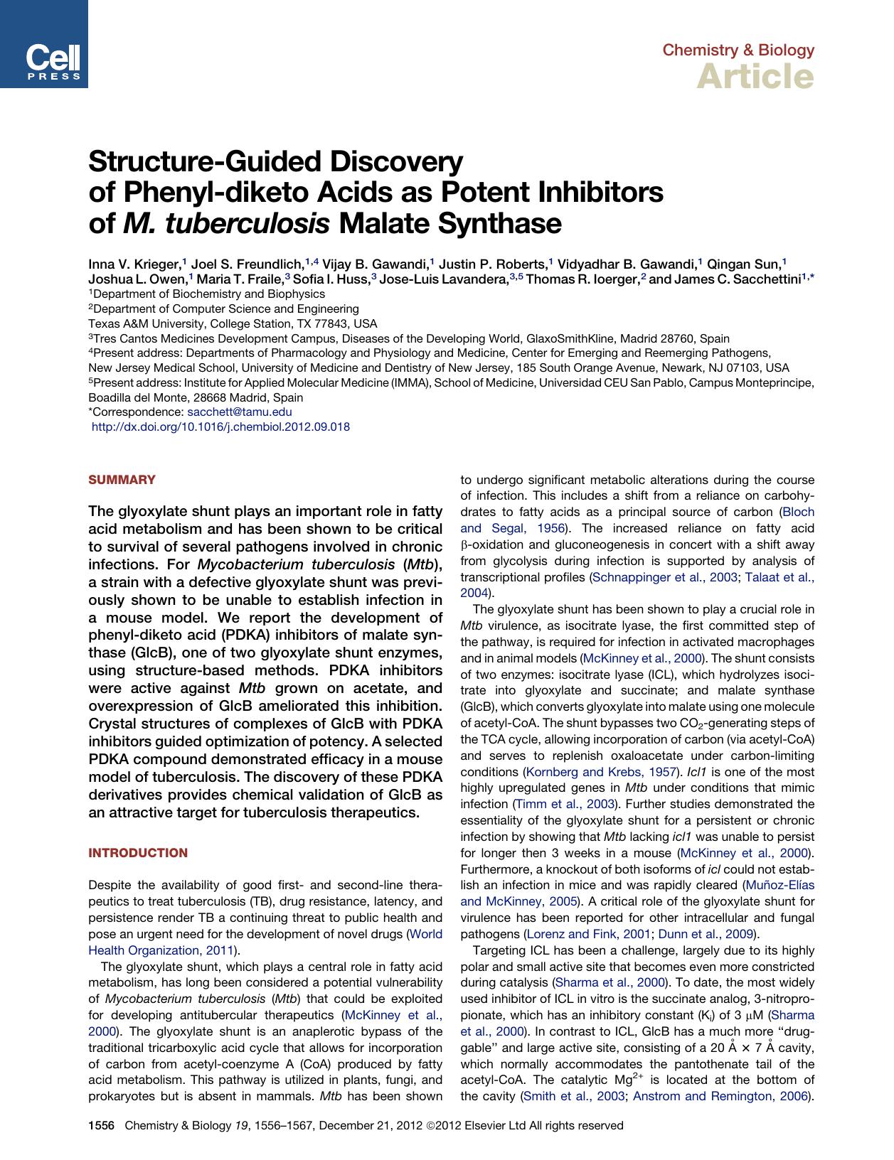 Structure-Guided Discovery of Phenyl-diketo Acids as Potent Inhibitors of M.&nbsp;tuberculosis Malate Synthase by unknow