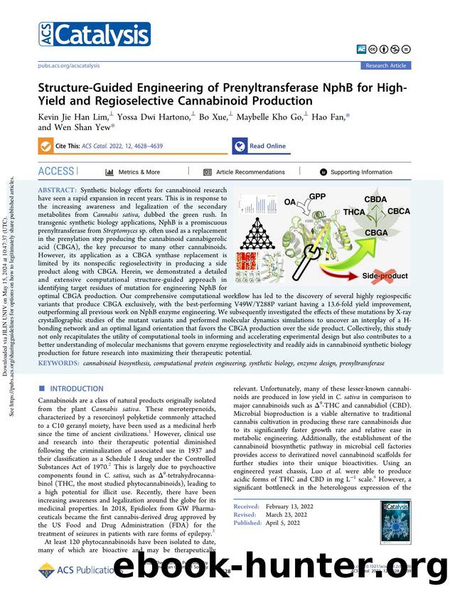 Structure-Guided Engineering of Prenyltransferase NphB for High-Yield and Regioselective Cannabinoid Production by Kevin Jie Han Lim Yossa Dwi Hartono Bo Xue Maybelle Kho Go Hao Fan & Wen Shan Yew