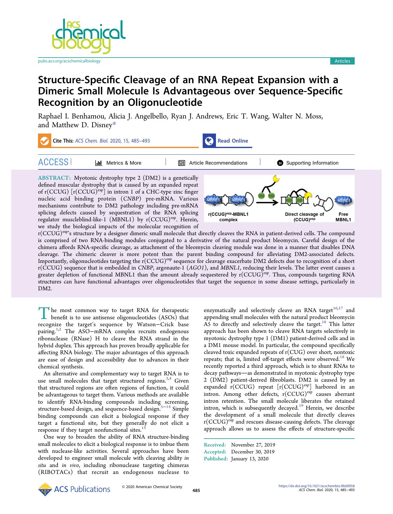 Structure-Specific Cleavage of an RNA Repeat Expansion with a Dimeric Small Molecule Is Advantageous over Sequence-Specific Recognition by an Oligonucleotide by unknow