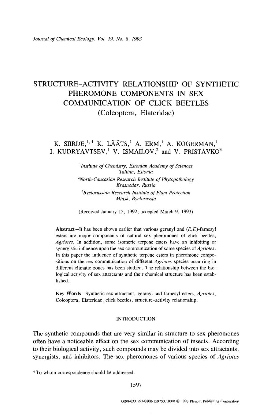 Structure-activity relationship of synthetic pheromone components in sex communication of click beetles (Coleoptera, Elateridae) by Unknown