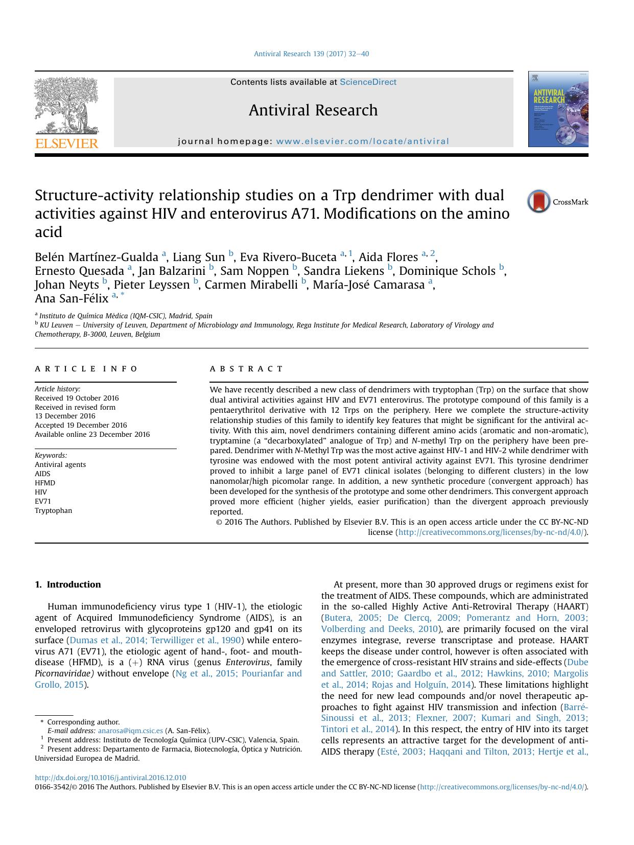 Structure-activity relationship studies on a Trp dendrimer with dual activities against HIV and enterovirus A71. Modifications on the amino acid by unknow