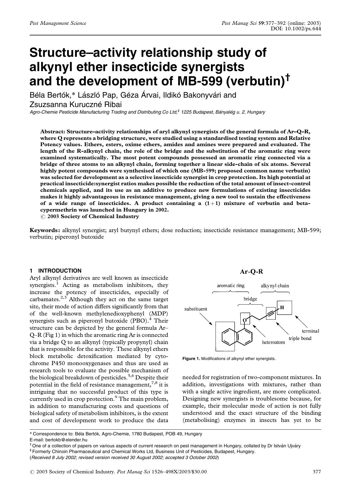 Structure-activity relationship study of alkynyl ether insecticide synergists and the development of MB-599 (verbutin) by Unknown