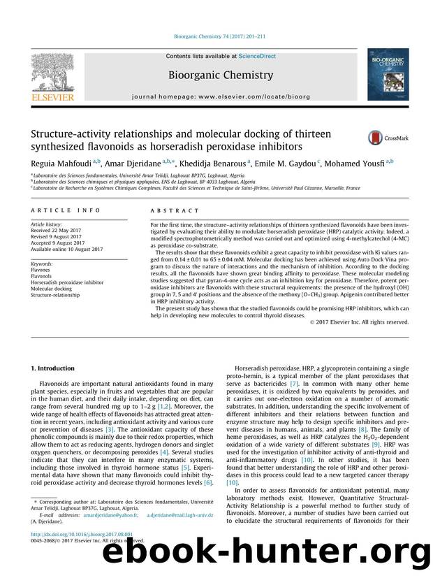 Structure-activity relationships and molecular docking of thirteen synthesized flavonoids as horseradish peroxidase inhibitors by Reguia Mahfoudi & Amar Djeridane & Khedidja Benarous & Emile M. Gaydou & Mohamed Yousfi