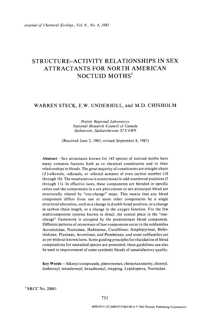 Structure-activity relationships in sex attractants for north American noctuid moths by Unknown