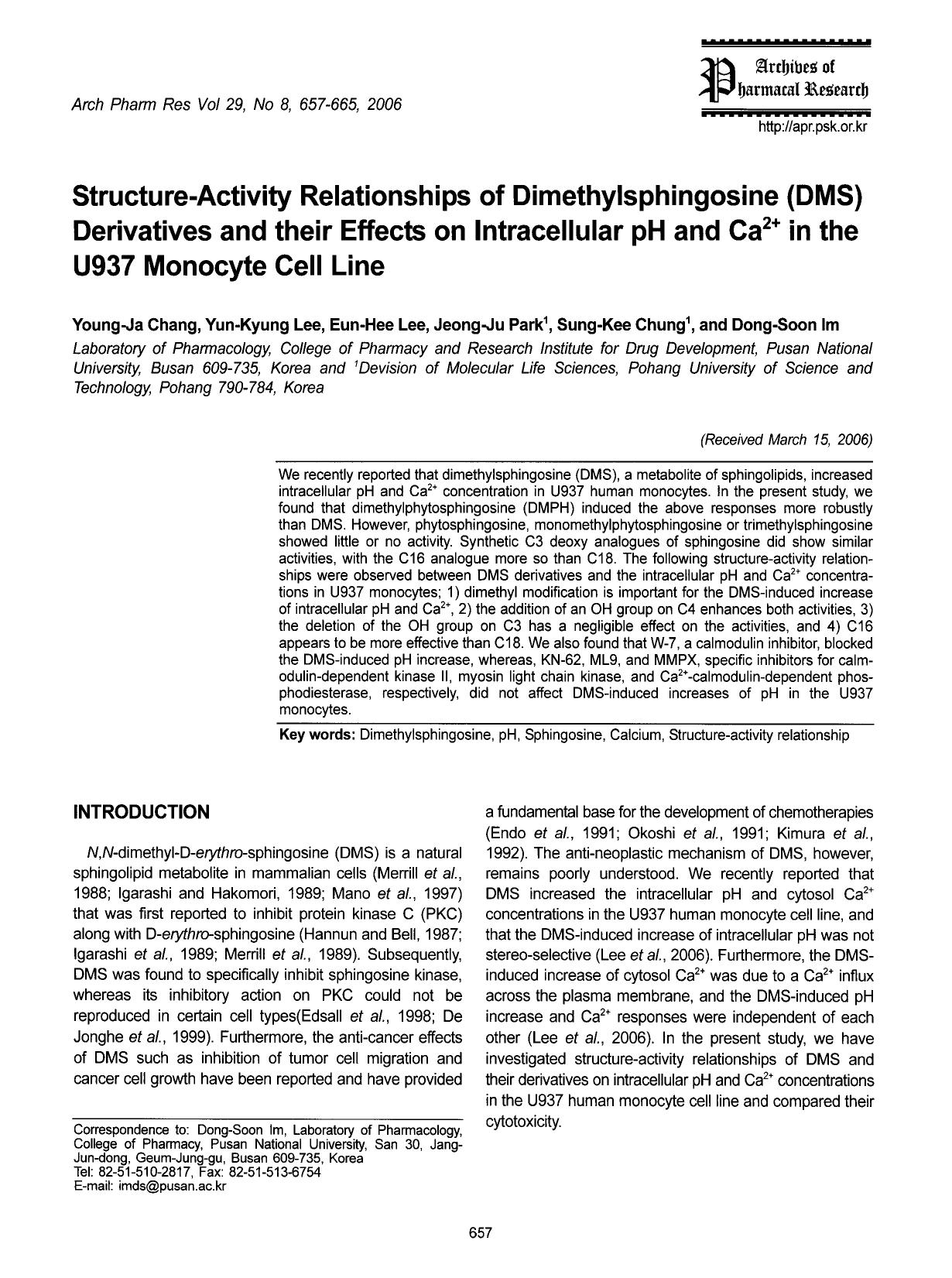 Structure-activity relationships of dimethylsphingosine (DMS) derivatives and their effects on intracellular pH and Ca <Superscript>2+ <Superscript> in the U937 monocyte cell line by Unknown