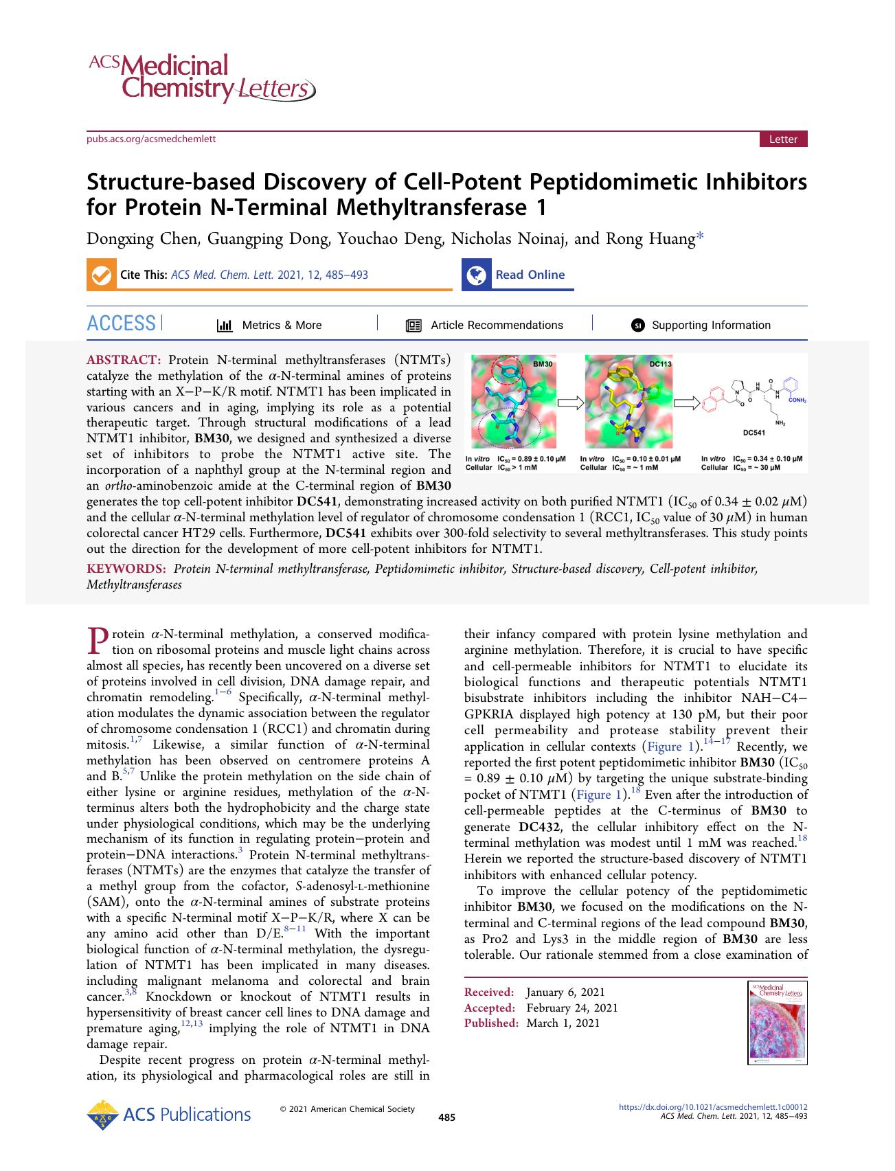 Structure-based Discovery of Cell-Potent Peptidomimetic Inhibitors for Protein N-Terminal Methyltransferase 1 by Dongxing Chen Guangping Dong Youchao Deng Nicholas Noinaj and Rong Huang
