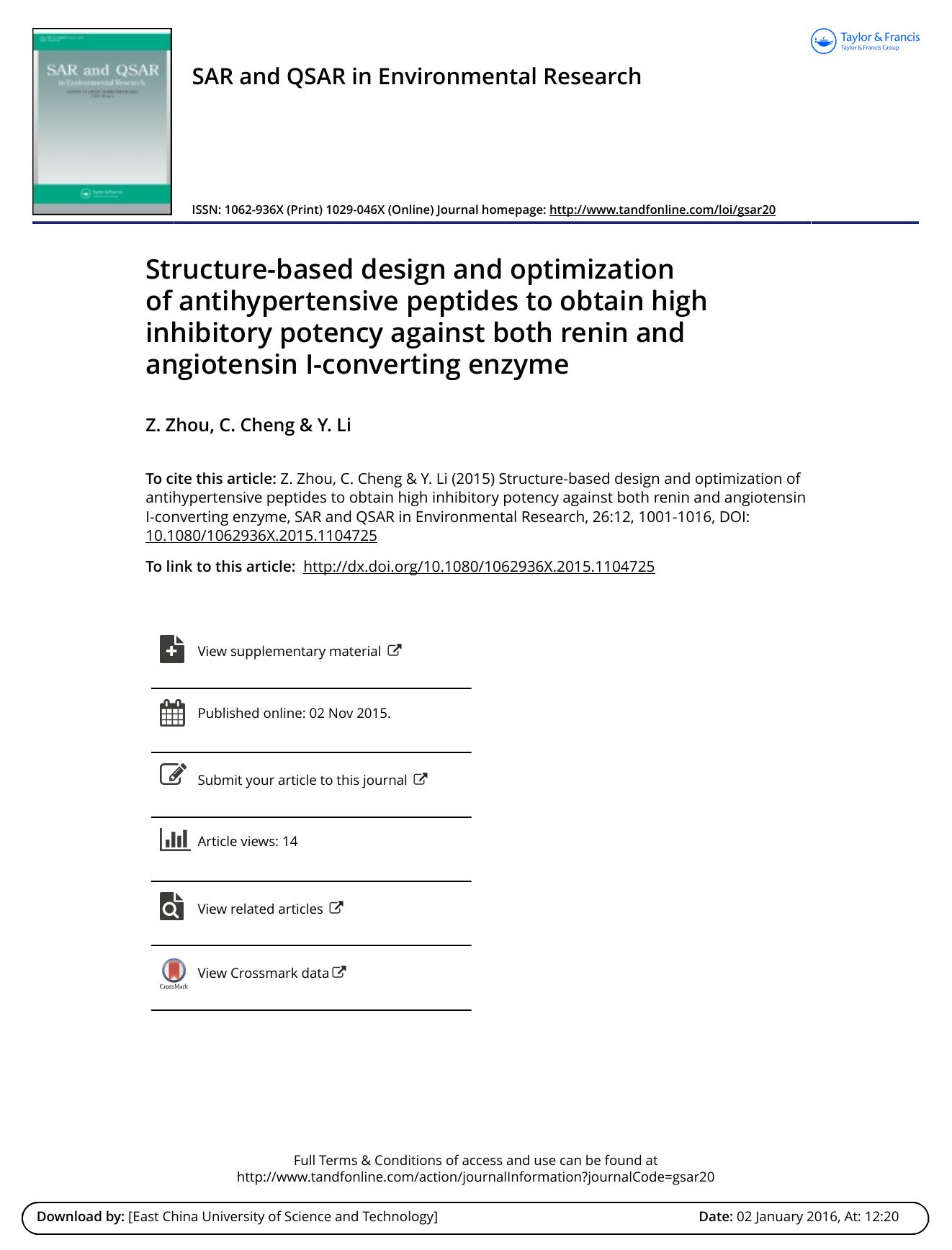 Structure-based design and optimization of antihypertensive peptides to obtain high inhibitory potency against both renin and angiotensin I-converting enzyme by Z. Zhou