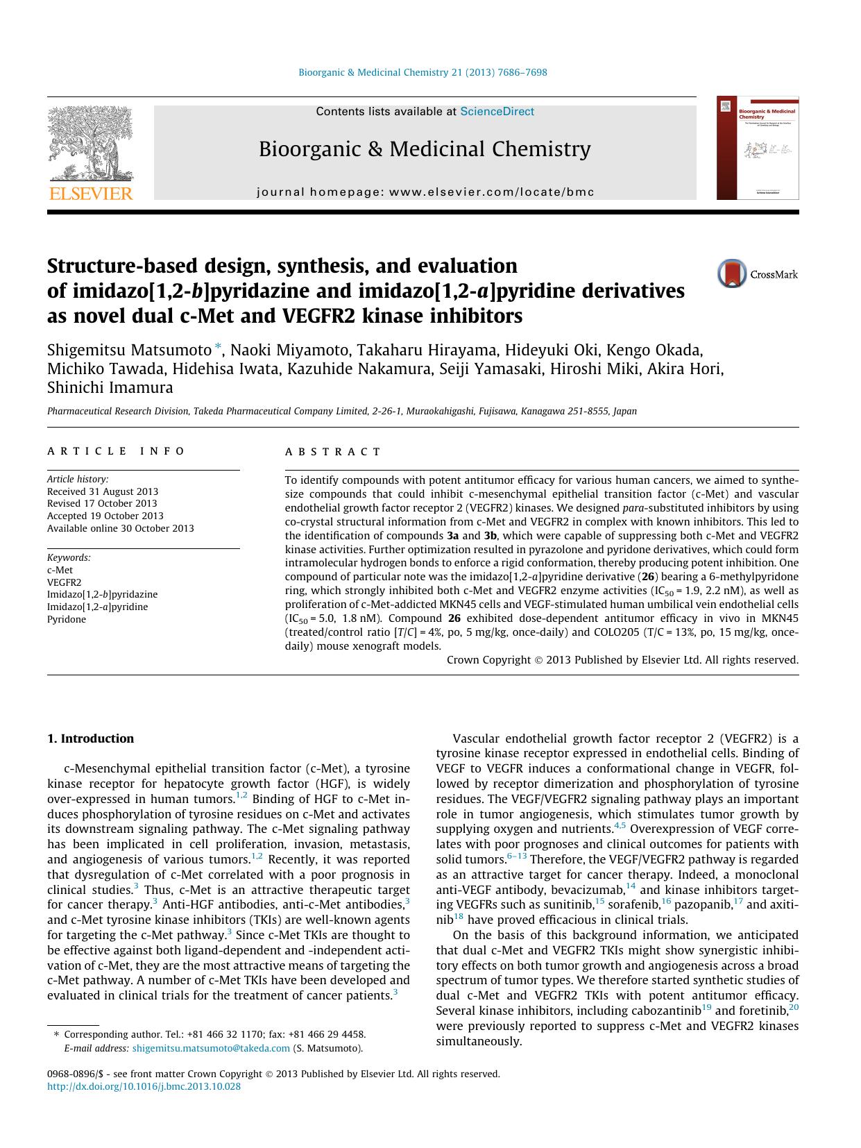 Structure-based design, synthesis, and evaluation of imidazo[1,2-b]pyridazine and imidazo[1,2-a]pyridine derivatives as novel dual c-Met and VEGFR2 kinase inhibitors by unknow