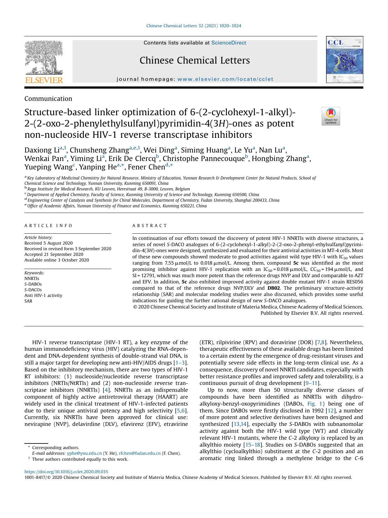 Structure-based linker optimization of 6-(2-cyclohexyl-1-alkyl)-2-(2-oxo-2-phenylethylsulfanyl)pyrimidin-4(3H)-ones as potent non-nucleoside HIV-1 reverse transcriptase inhibitors by unknow