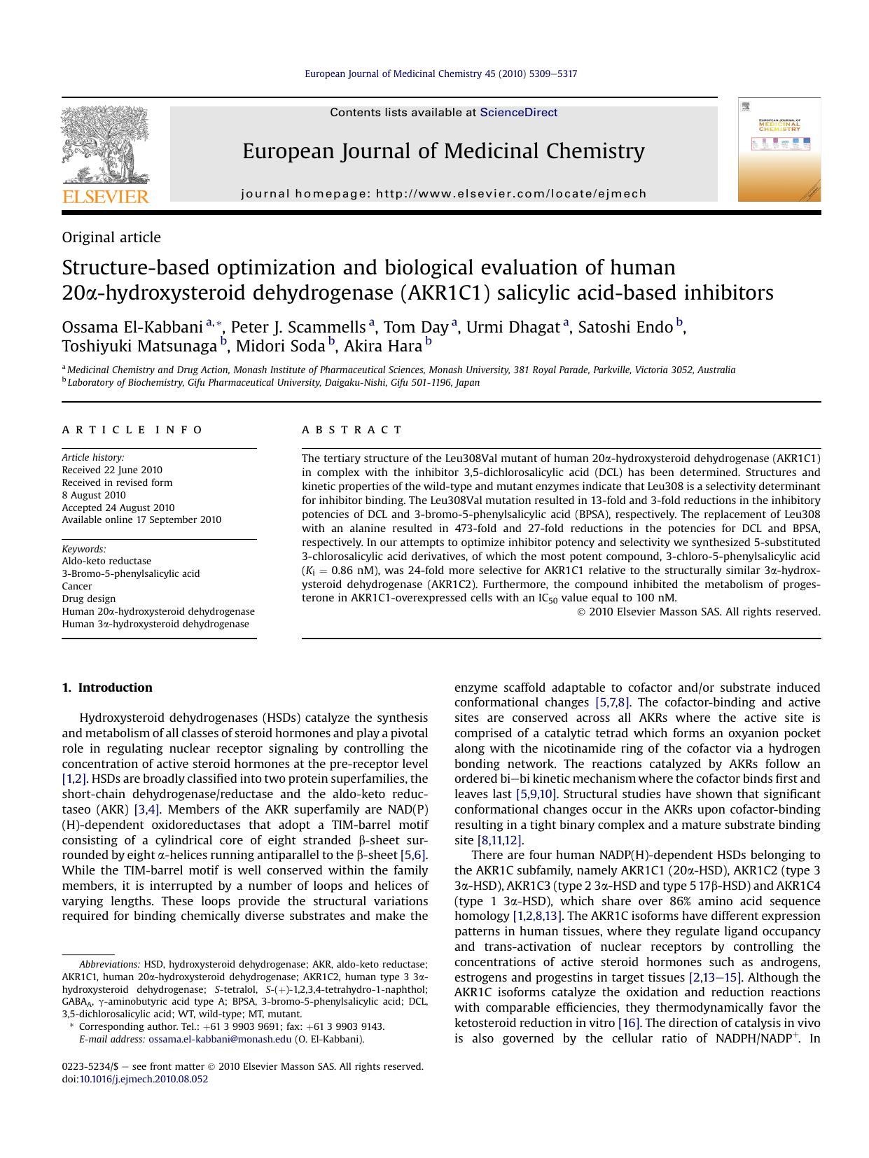 Structure-based optimization and biological evaluation of human 20&alpha;-hydroxysteroid dehydrogenase (AKR1C1) salicylic acid-based inhibitors by unknow