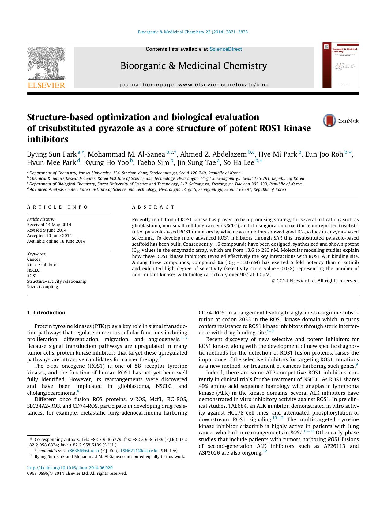 Structure-based optimization and biological evaluation of trisubstituted pyrazole as a core structure of potent ROS1 kinase inhibitors by unknow