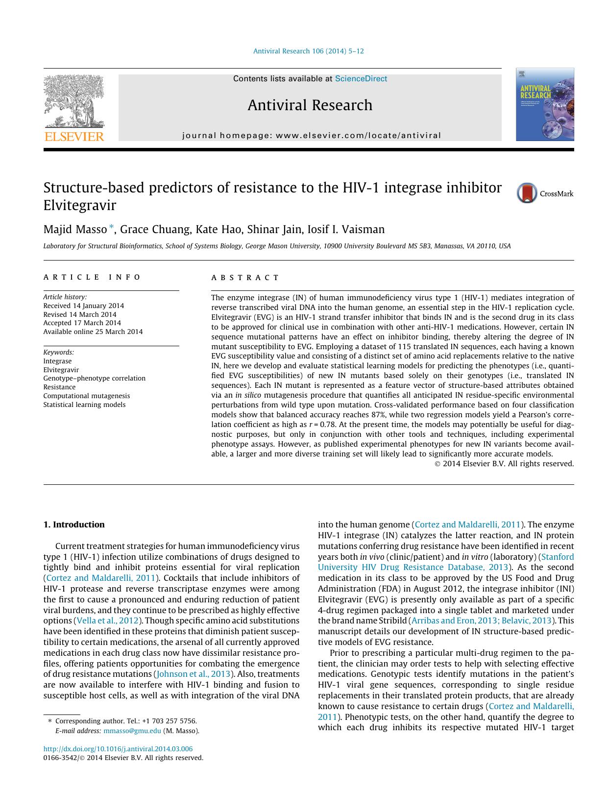 Structure-based predictors of resistance to the HIV-1 integrase inhibitor Elvitegravir by Majid Masso & Grace Chuang & Kate Hao & Shinar Jain & Iosif I. Vaisman
