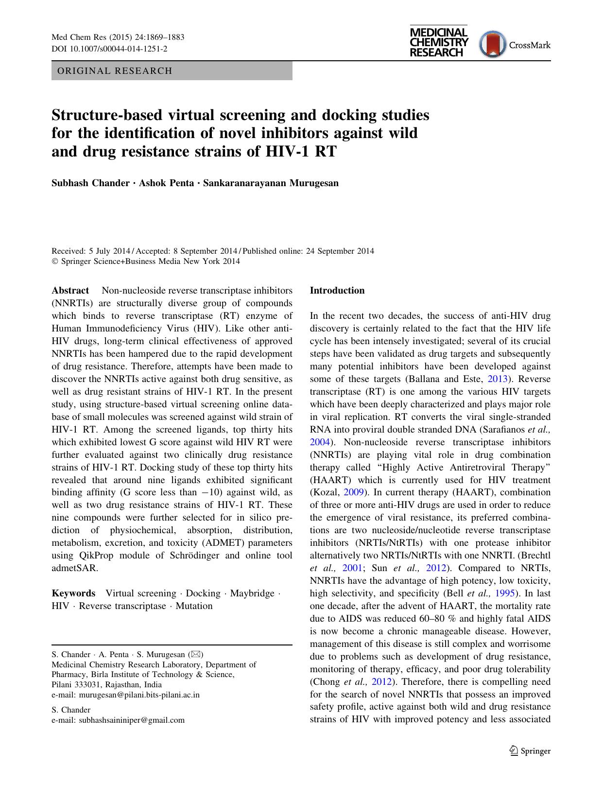 Structure-based virtual screening and docking studies for the identification of novel inhibitors against wild and drug resistance strains of HIV-1 RT by Subhash Chander & Ashok Penta & Sankaranarayanan Murugesan