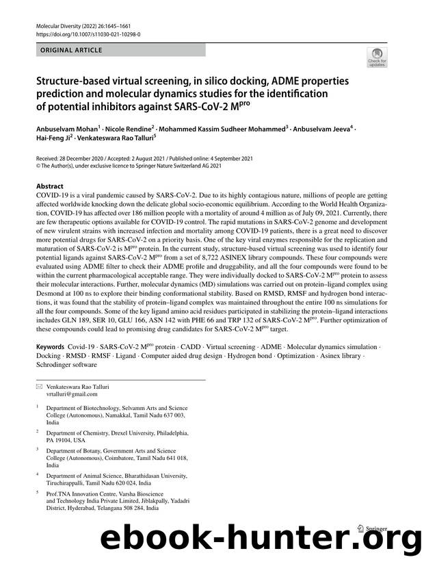 Structure-based virtual screening, in silico docking, ADME properties prediction and molecular dynamics studies for the identification of potential inhibitors against SARS-CoV-2 Mpro by unknow