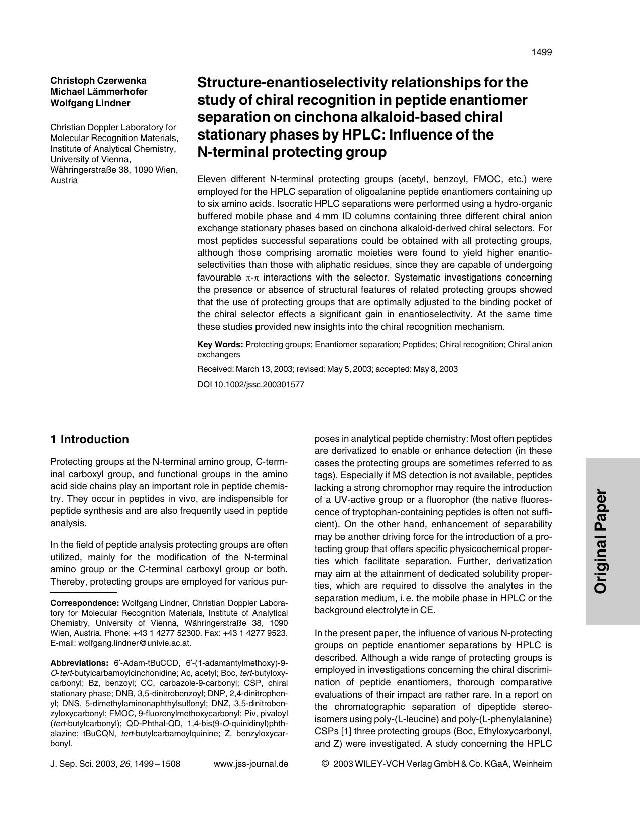 Structure-enantioselectivity relationships for the study of chiral recognition in peptide enantiomer separation on cinchona alkaloid-based chiral stationary phases by HPLC: Influen by Unknown