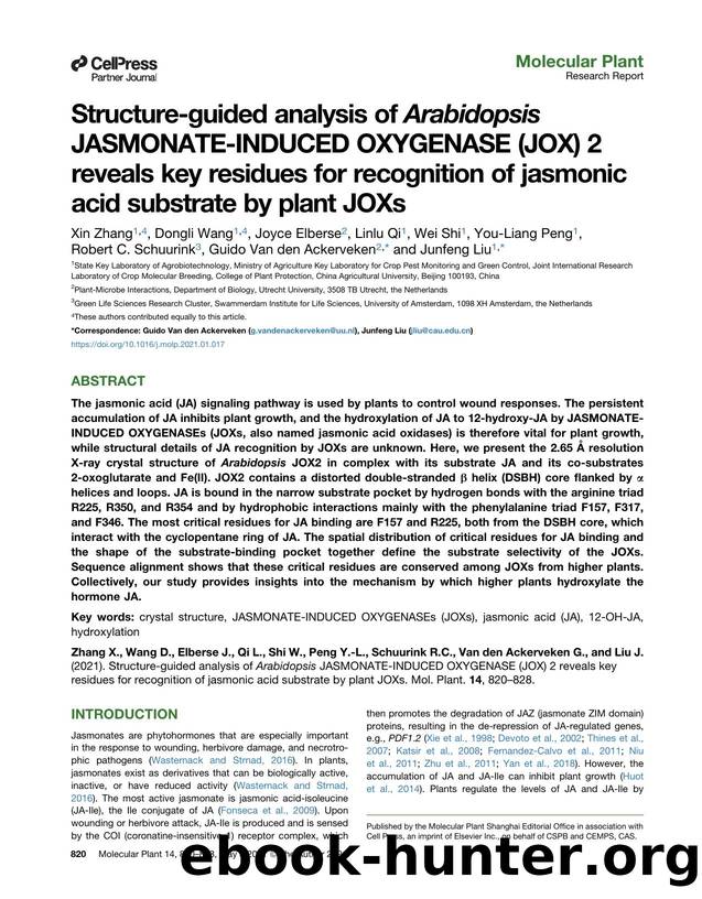 Structure-guided analysis of Arabidopsis JASMONATE-INDUCED OXYGENASE (JOX) 2 reveals key residues for recognition of jasmonic acid substrate by plant JOXs by unknow