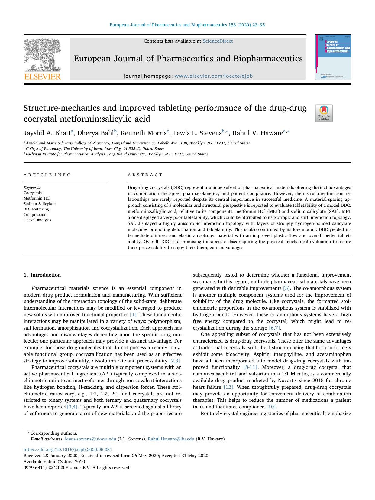 Structure-mechanics and improved tableting performance of the drug-drug cocrystal metformin_salicylic acid by Jayshil A. Bhatt & Dherya Bahl & Kenneth Morris & Lewis L. Stevens & Rahul V. Haware