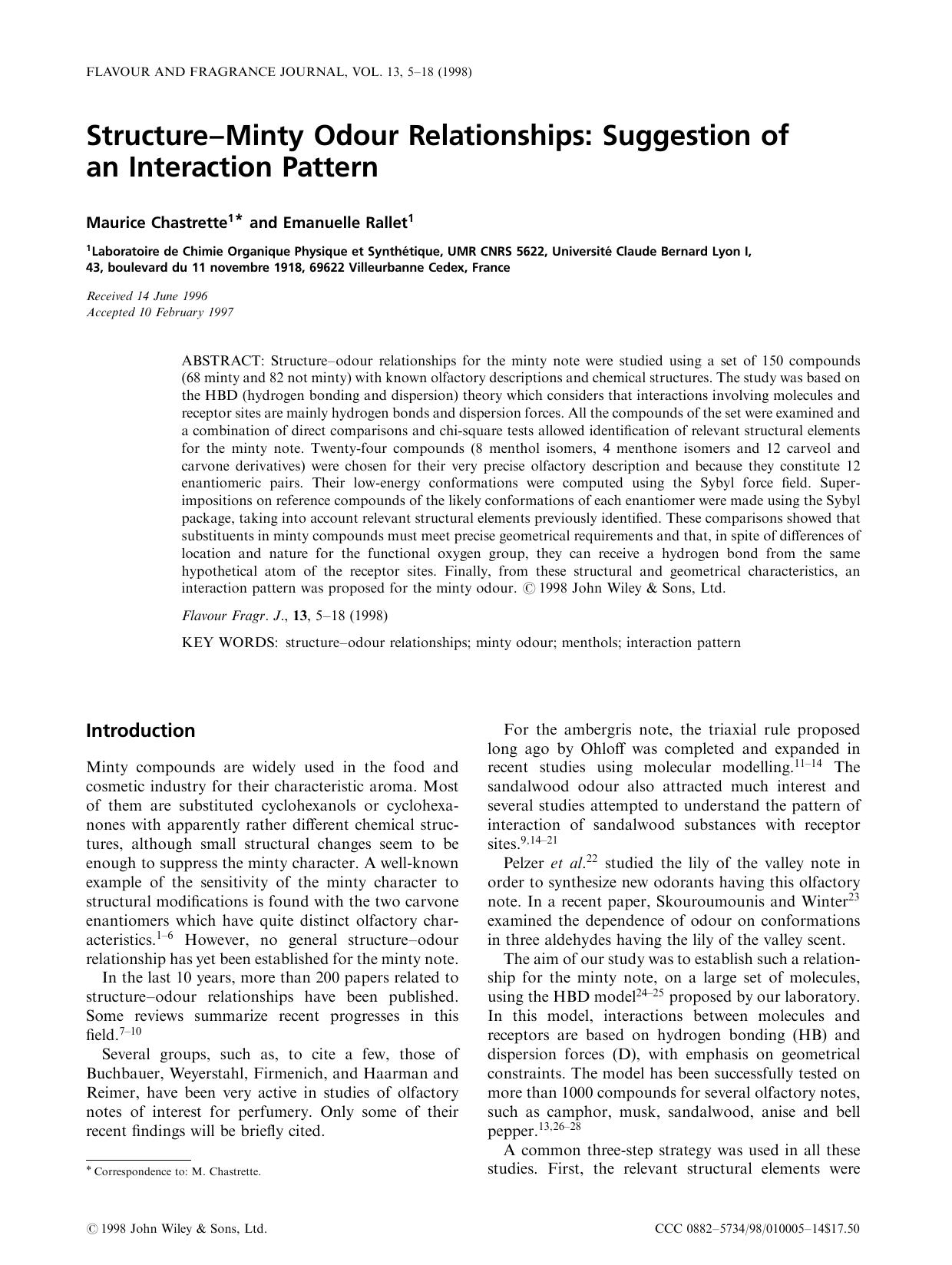 Structure-minty odour relationships: suggestion of an interaction pattern by Unknown