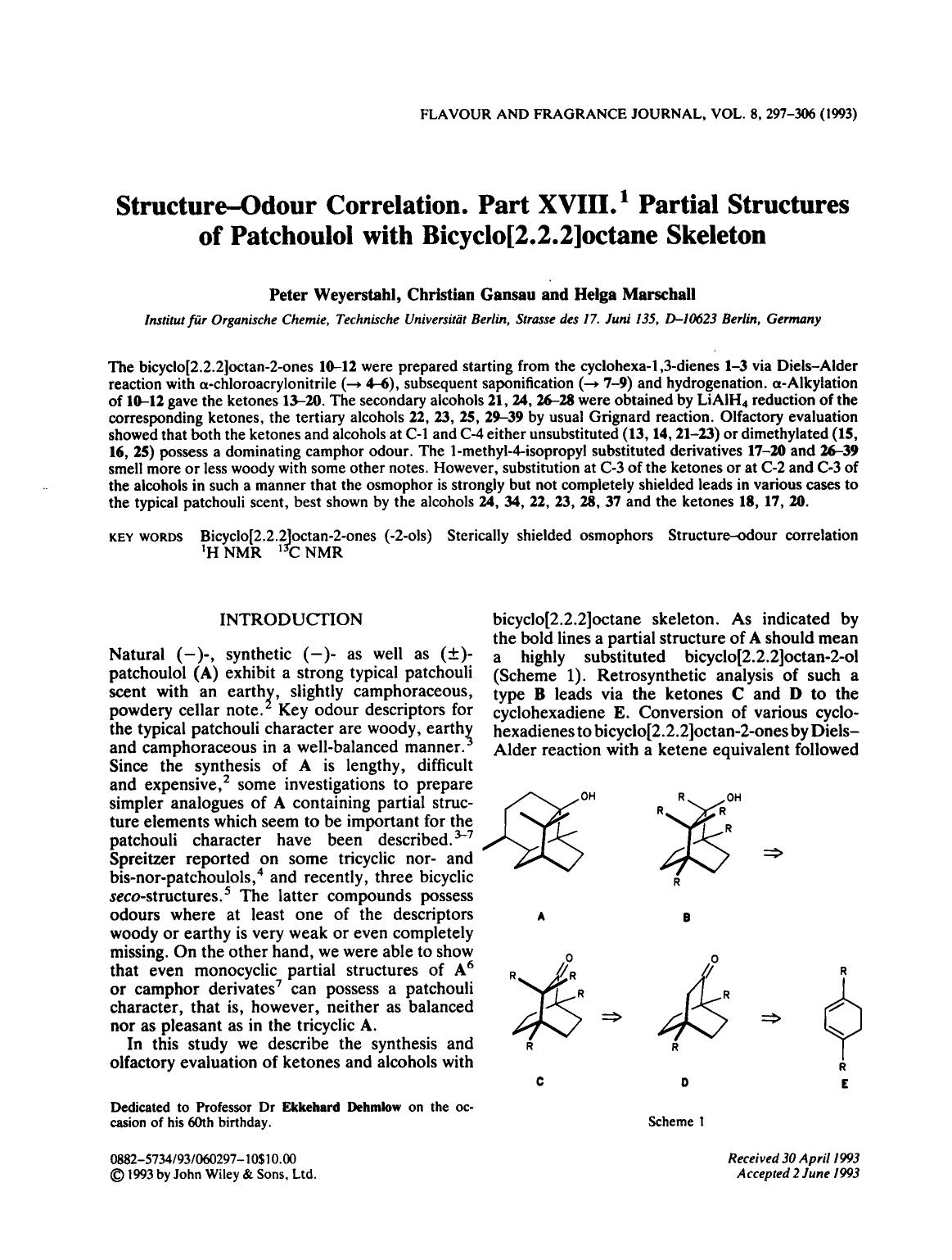 Structure-odour correlation. Part XVIII.1 Partial structures of patchoulol with bicyclo[2.2.2]octane skeleton by Unknown
