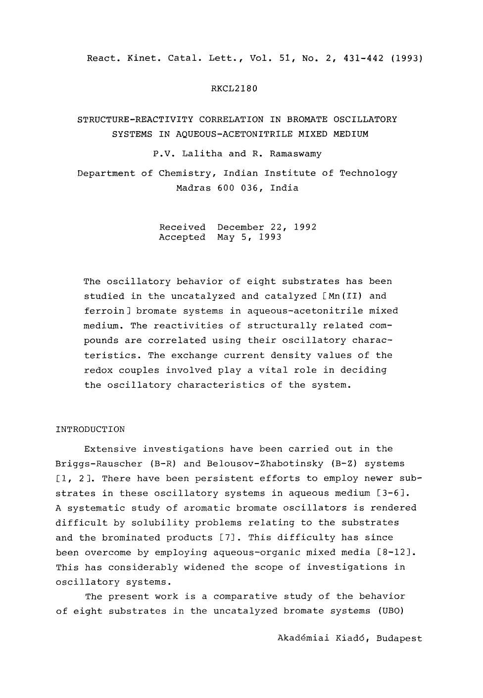 Structure-reactivity correlation in bromate oscillatory systems in aqueous-acetonitrile mixed medium by Unknown