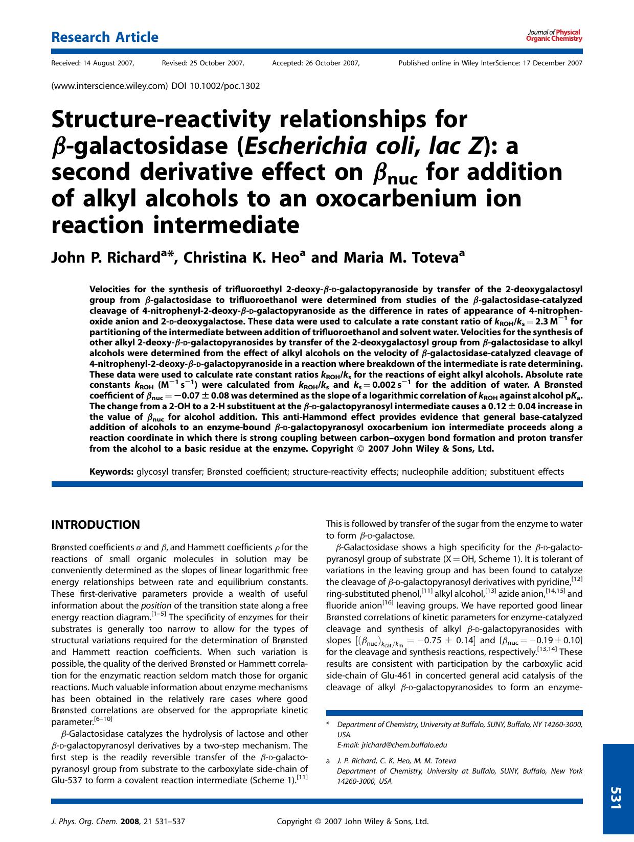 Structure-reactivity relationships for [beta]-galactosidase (Escherichia coli, lac Z): a second derivative effect on [beta]nuc for addition of alkyl alcohols to an oxocarbenium ion by Unknown