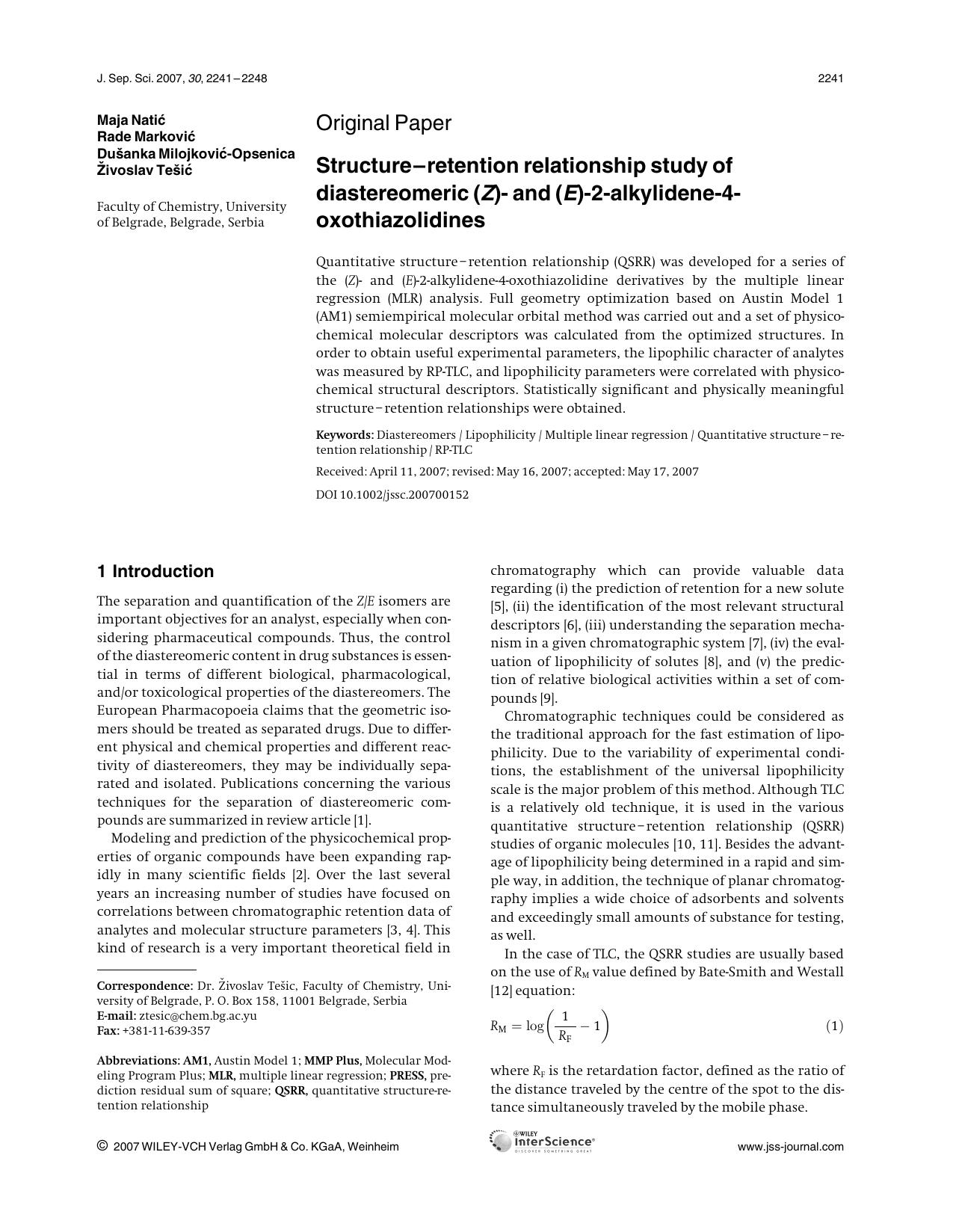 Structure-retention relationship study of diastereomeric (Z)- and (E)-2-alkylidene-4-oxothiazolidines by Unknown