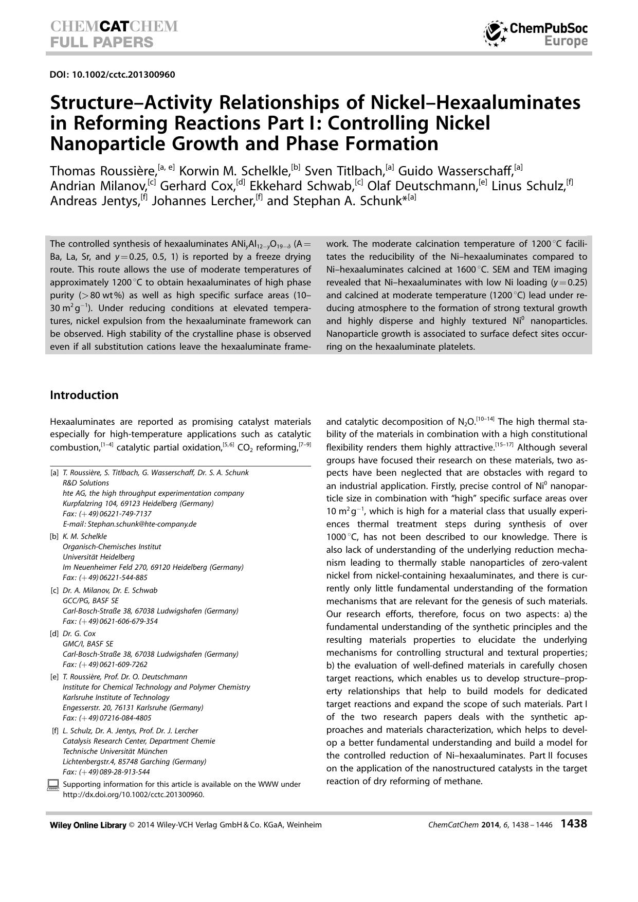 StructureActivity Relationships of NickelHexaaluminates in Reforming Reactions PartI: Controlling Nickel Nanoparticle Growth and Phase Formation by Unknown