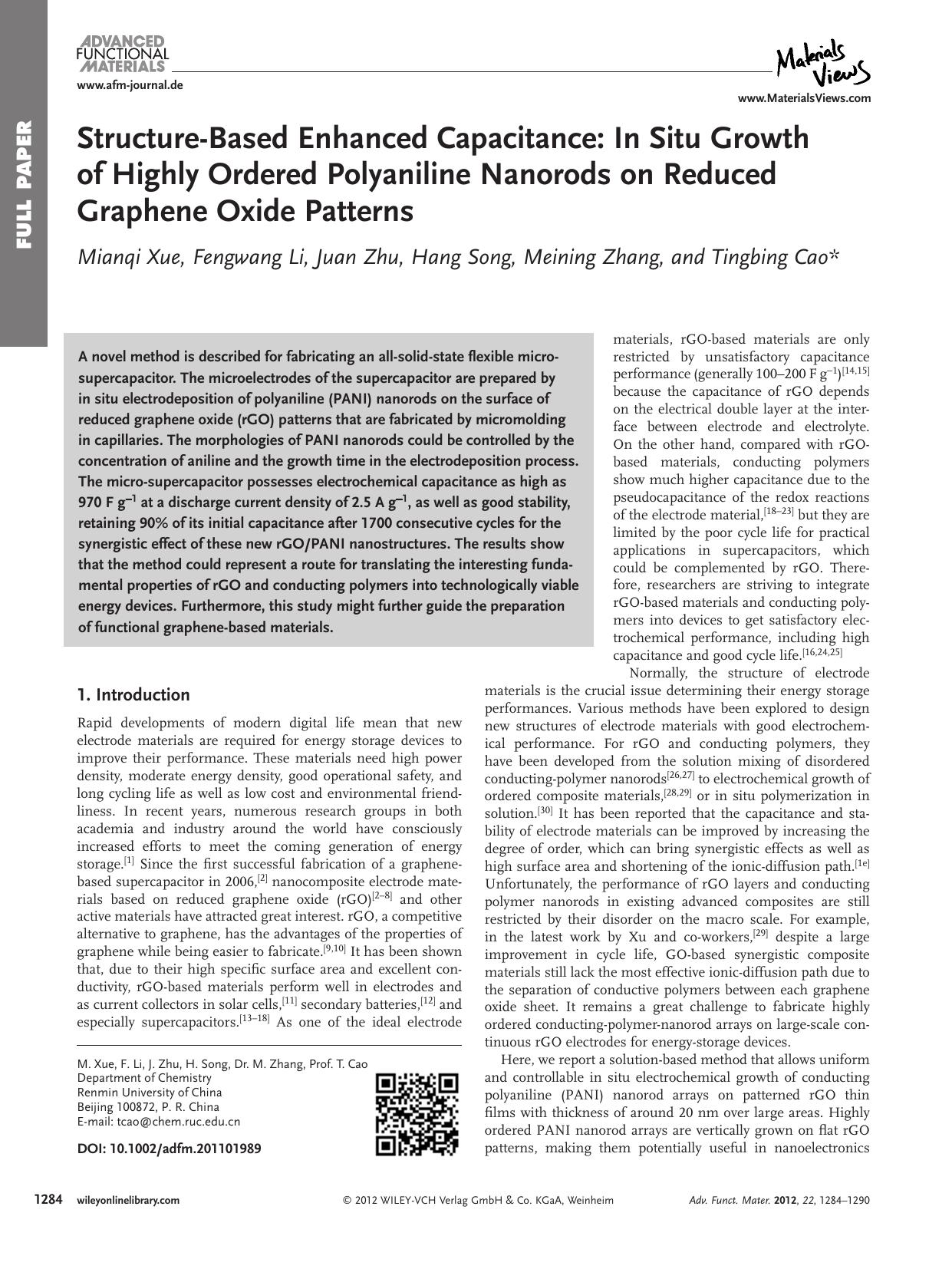 StructureBased Enhanced Capacitance: In Situ Growth of Highly Ordered Polyaniline Nanorods on Reduced Graphene Oxide Patterns by Unknown