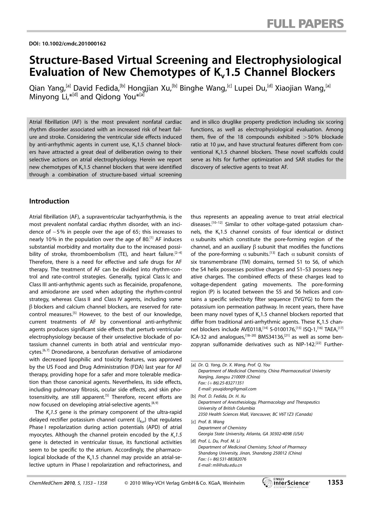 StructureBased Virtual Screening and Electrophysiological Evaluation of New Chemotypes of Kv1.5 Channel Blockers by Unknown