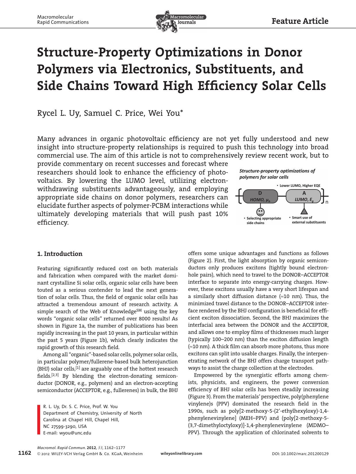 StructureProperty Optimizations in Donor Polymers via Electronics, Substituents, and Side Chains Toward High Efficiency Solar Cells by vng
