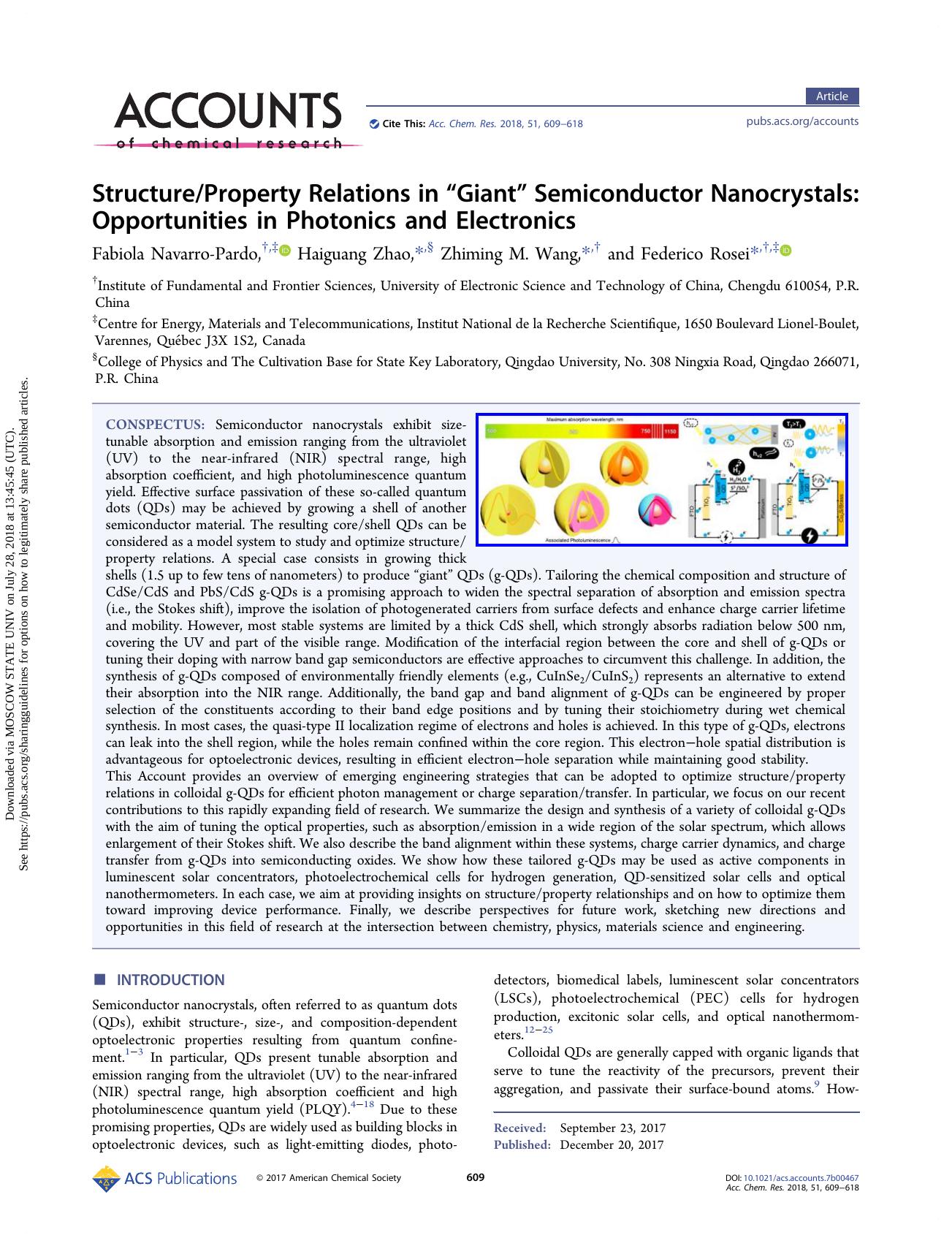StructureProperty Relations in âGiantâ Semiconductor Nanocrystals: Opportunities in Photonics and Electronics by Fabiola Navarro-Pardo Haiguang Zhao Zhiming M. Wang & Federico Rosei