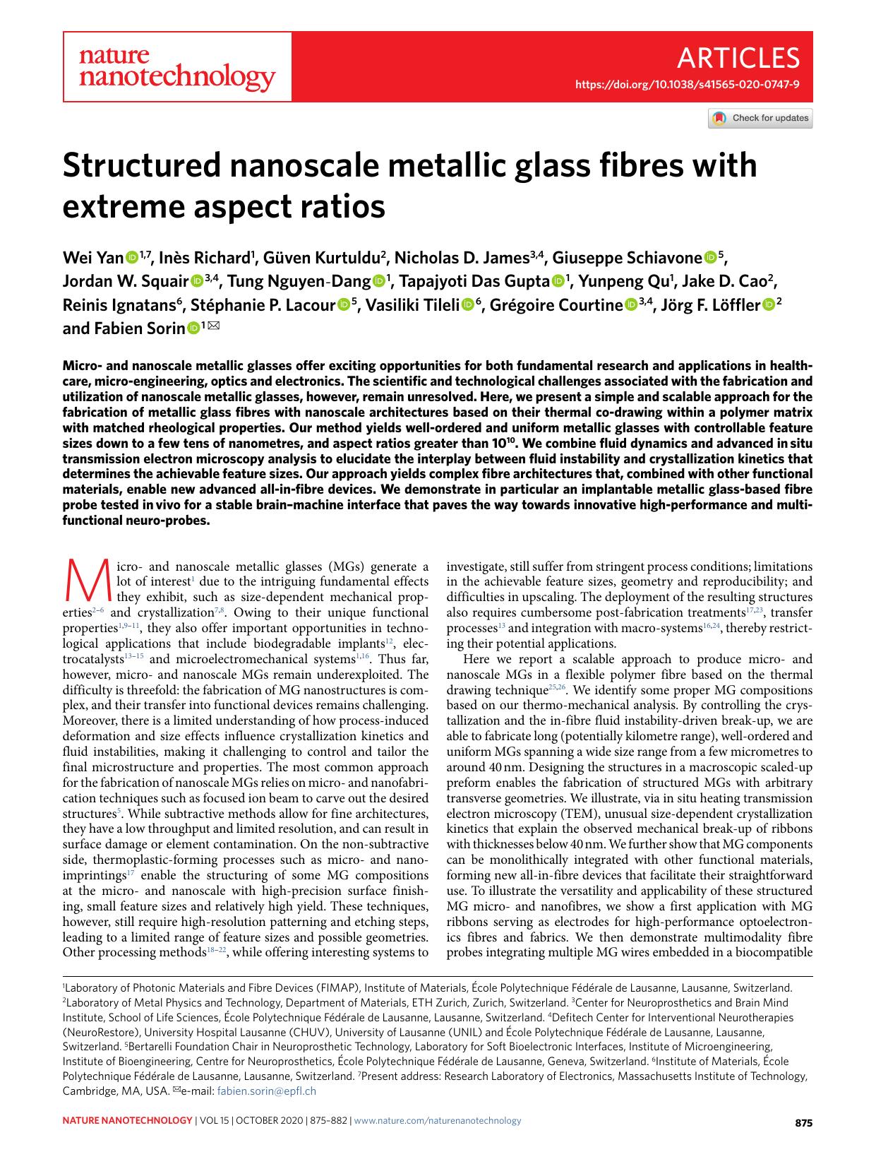 Structured nanoscale metallic glass fibres with extreme aspect ratios by unknow