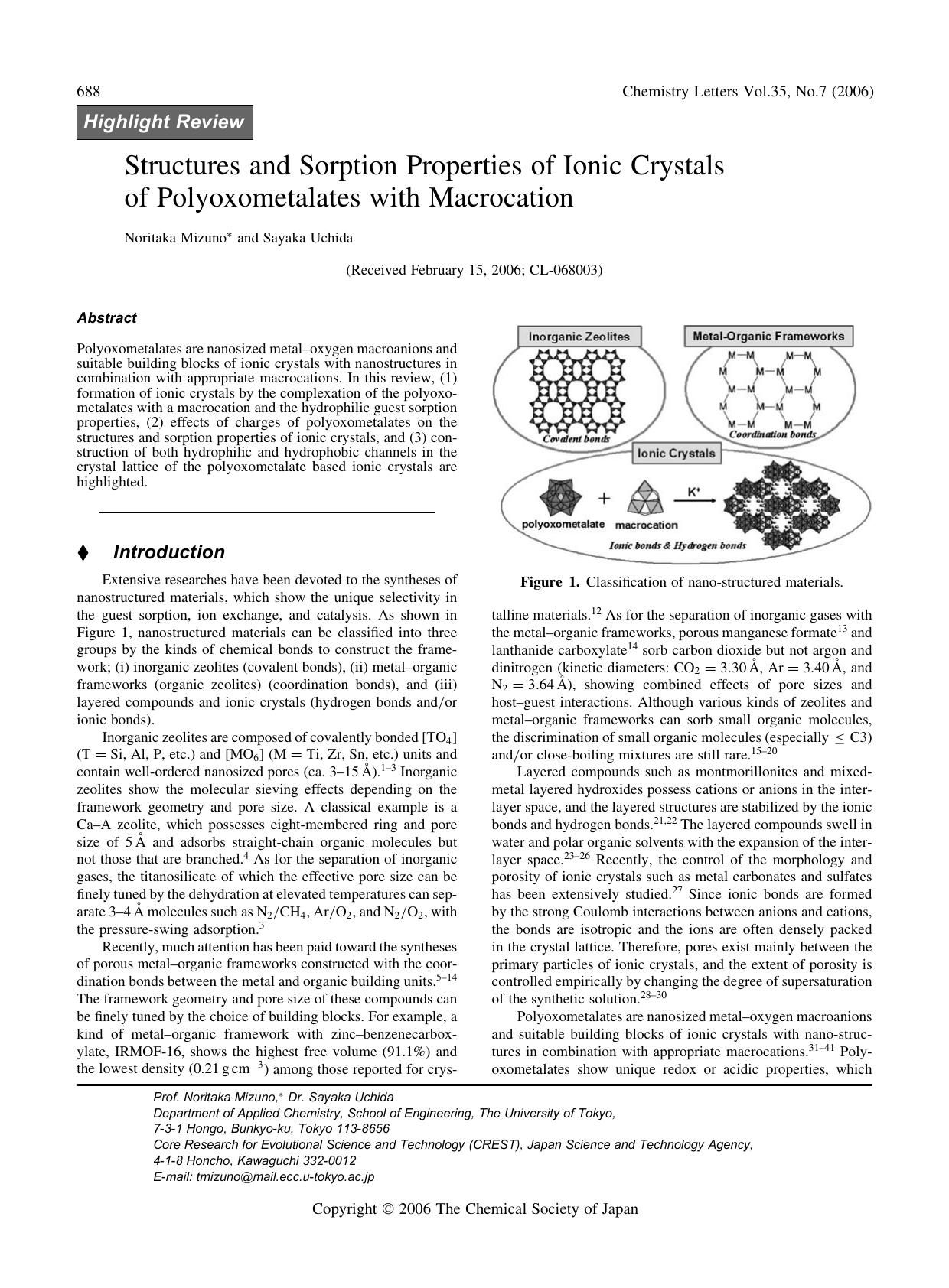 Structures and Sorption Properties of Ionic Crystals of Polyoxometalates with Macrocation by Noritaka Mizuno and Sayaka Uchida