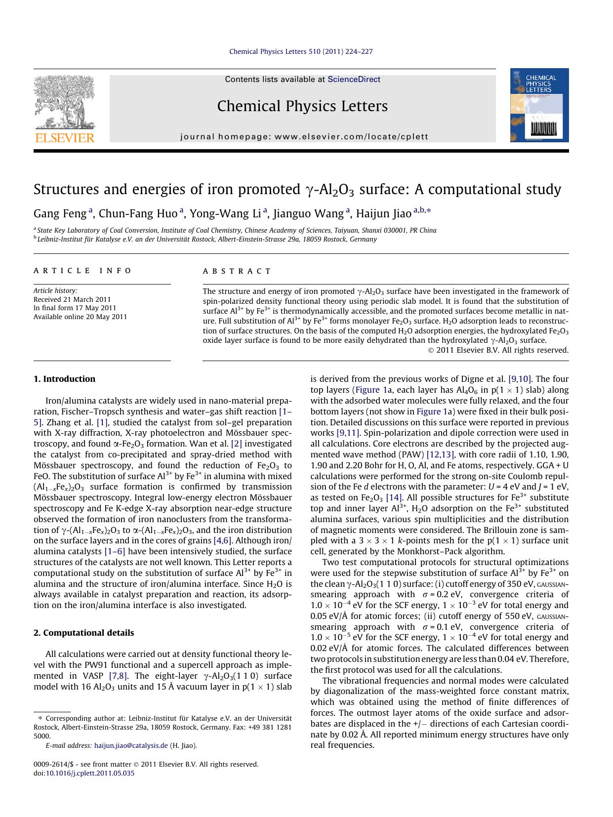 Structures and energies of iron promoted Î³-Al2O3 surface: A computational study by Gang Feng & Chun-Fang Huo & Yong-Wang Li & Jianguo Wang & Haijun Jiao