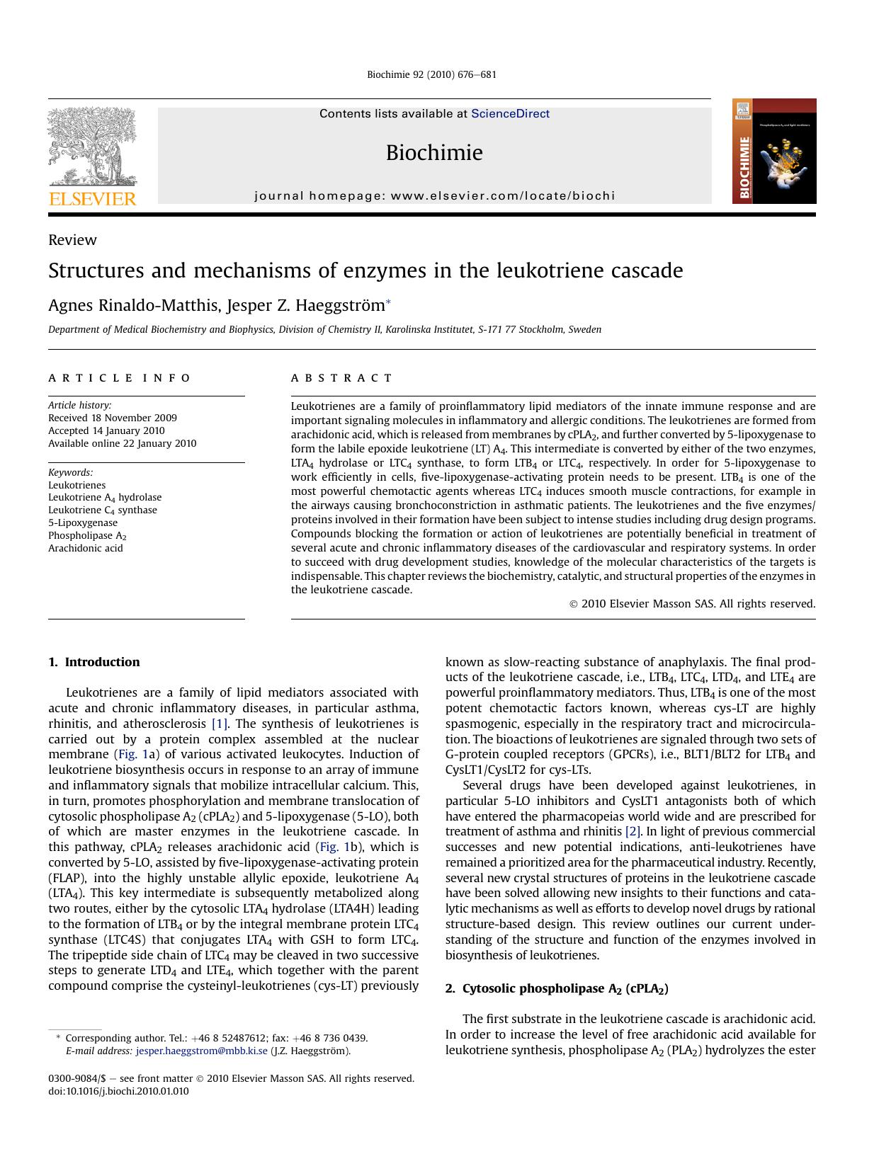 Structures and mechanisms of enzymes in the leukotriene cascade by Agnes Rinaldo-Matthis; Jesper Z. HaeggstrOm